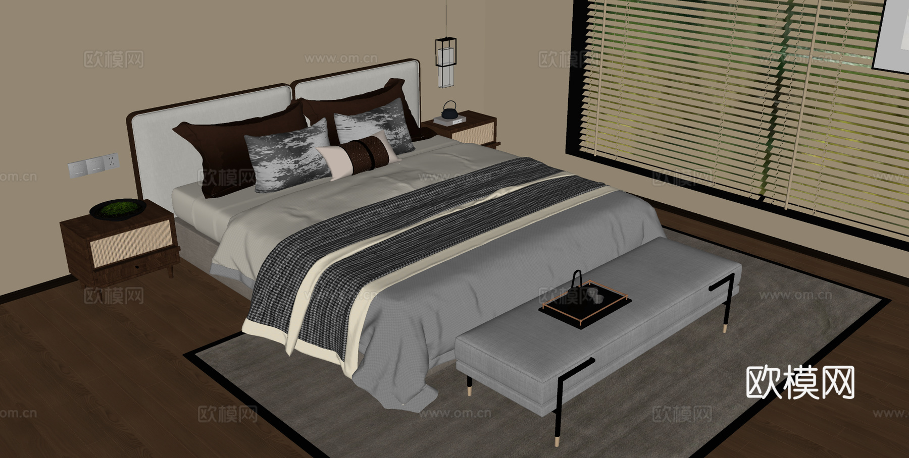 宋式双人床 木制床 床头柜 床头柜摆件su模型