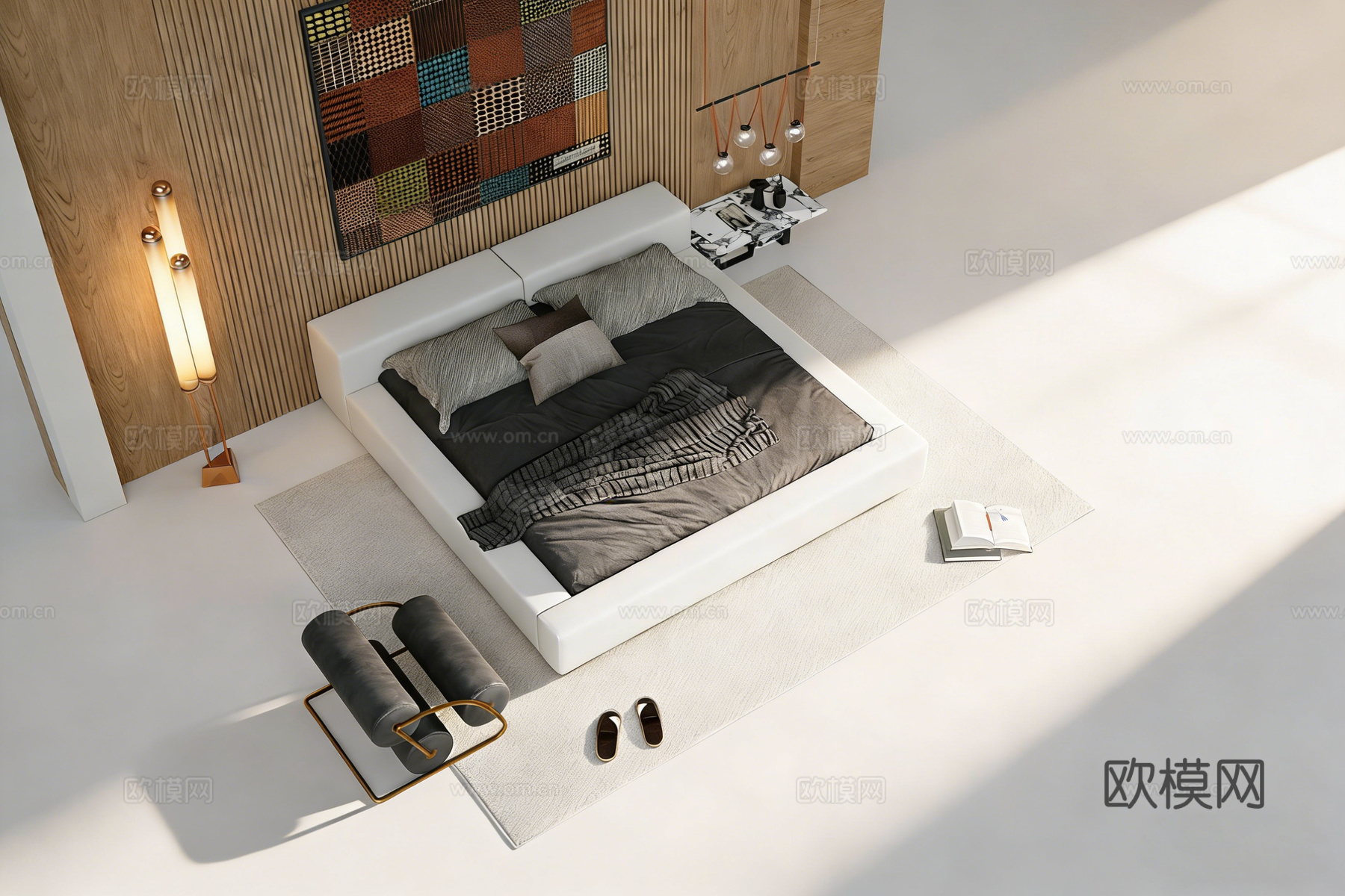 现代简约主卧双人床 白色皮质双人床 木质竖条纹背景墙 拼布画su模型