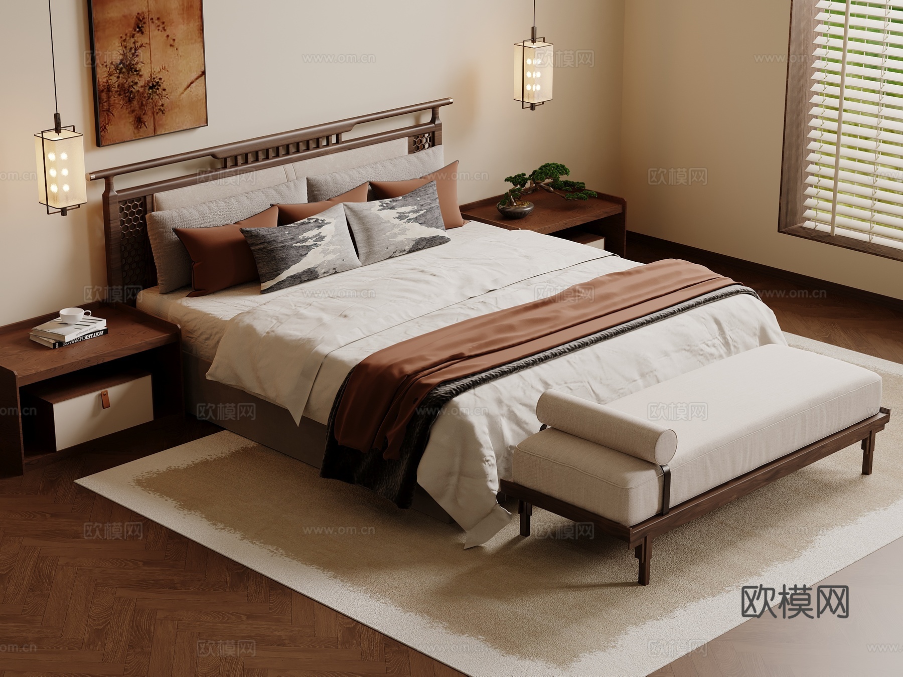 宋式双人床 木制床 床头柜 床头柜摆件 床尾塌su模型