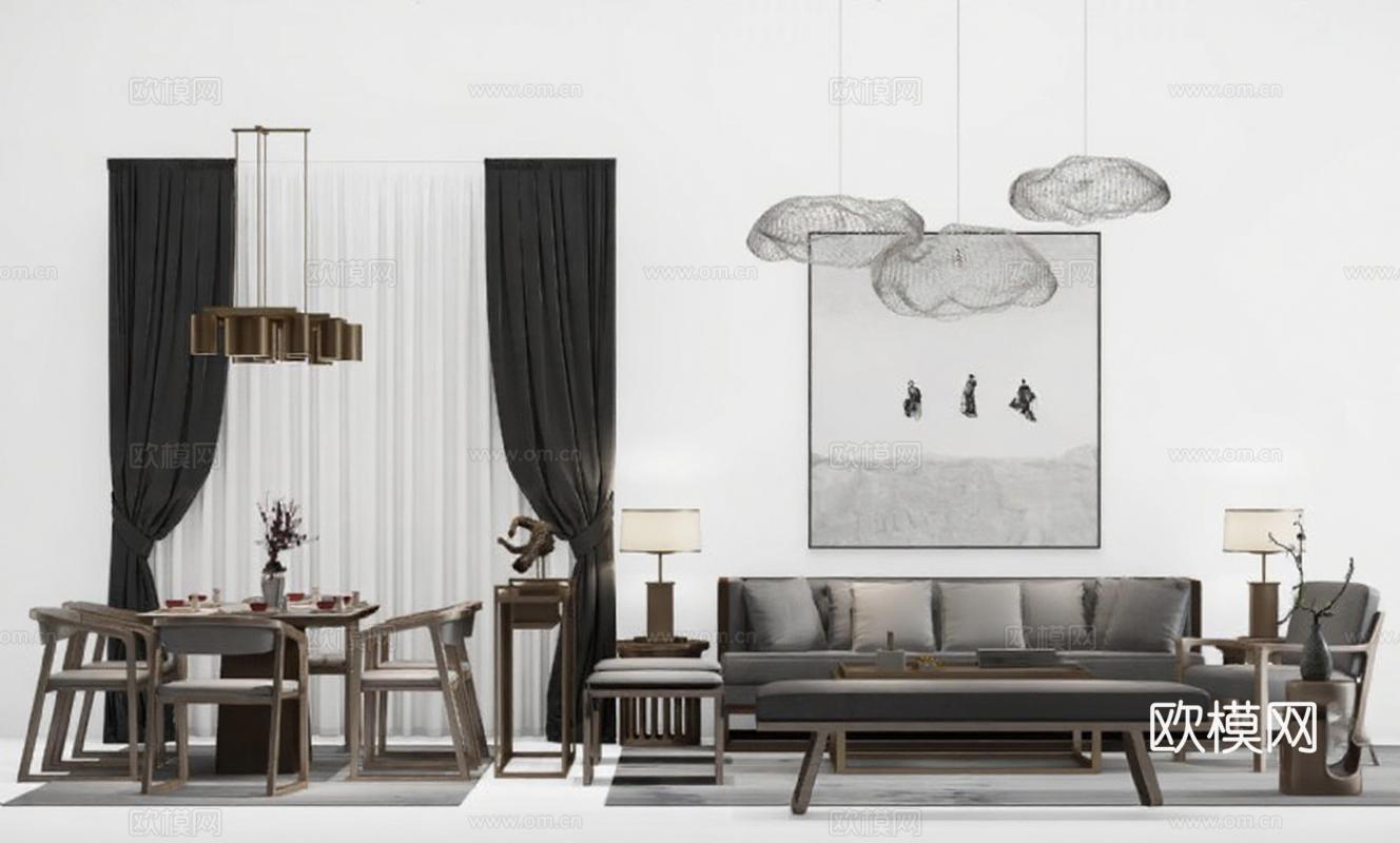 现代中式高端家居设计 客厅餐厅一体禅意空间 3D渲染材质对比极简美学免费3d模型