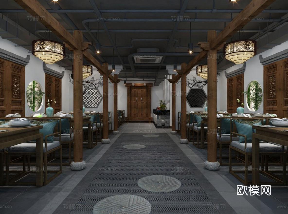 中式餐厅工业风室内设计3D渲染图 对称空间布局与传统现代融合装饰免费3d模型