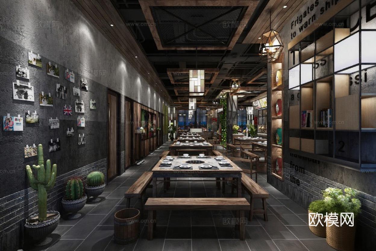 工业风复古餐厅装修设计 长廊式空间布局3D渲染图 暖调氛围感室内环境免费3d模型下载