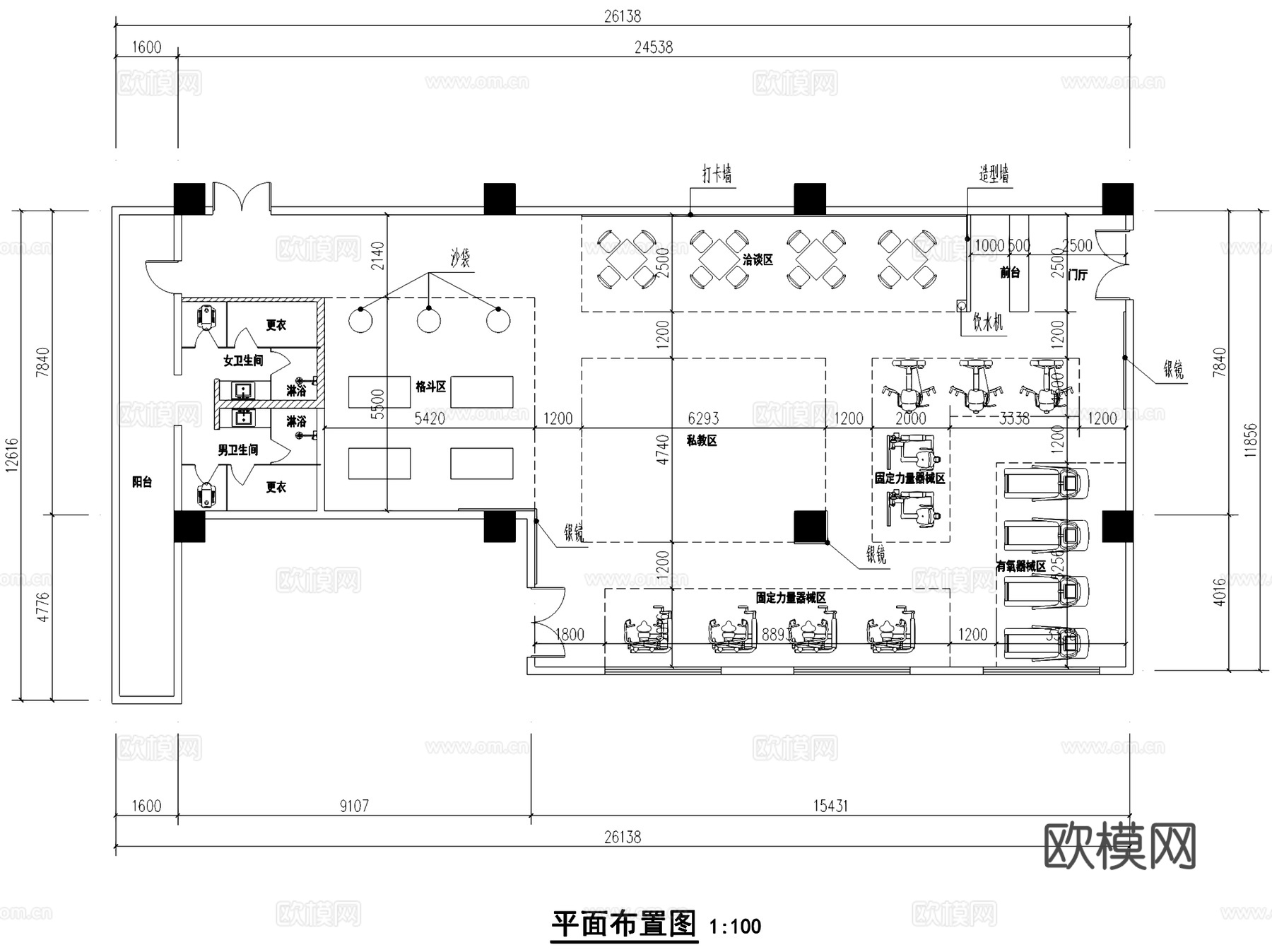 221健身房室内工装平面系统图CAD施工图cad施工图