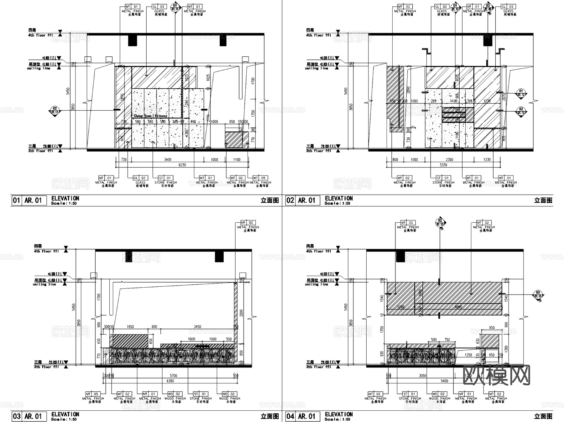 临沂奥正诚园健身房室内工装CAD施工图cad施工图