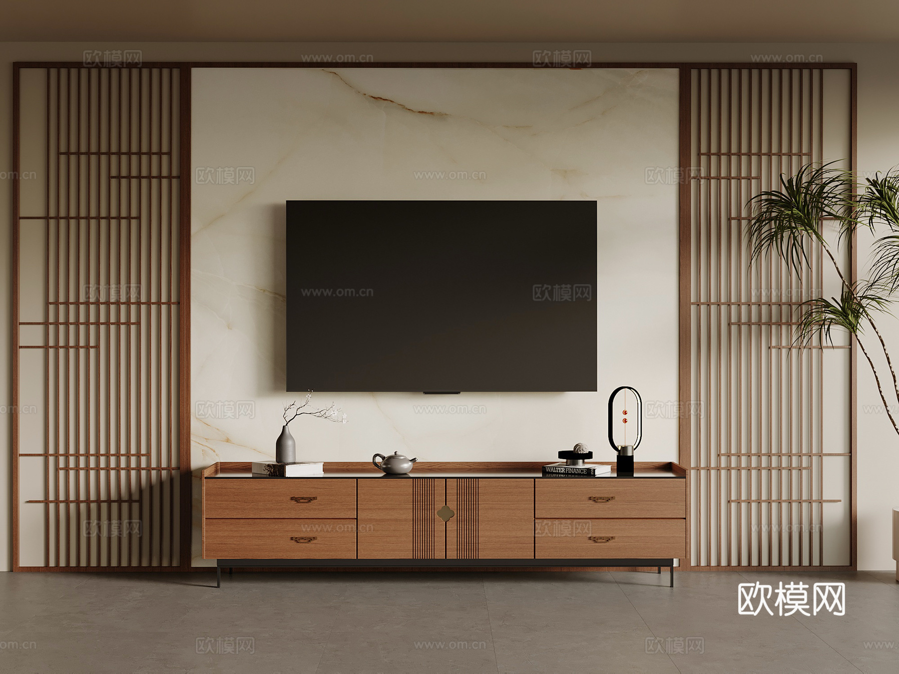 新中式电视柜 电视背景墙 屏风背景墙 饰品摆件su模型
