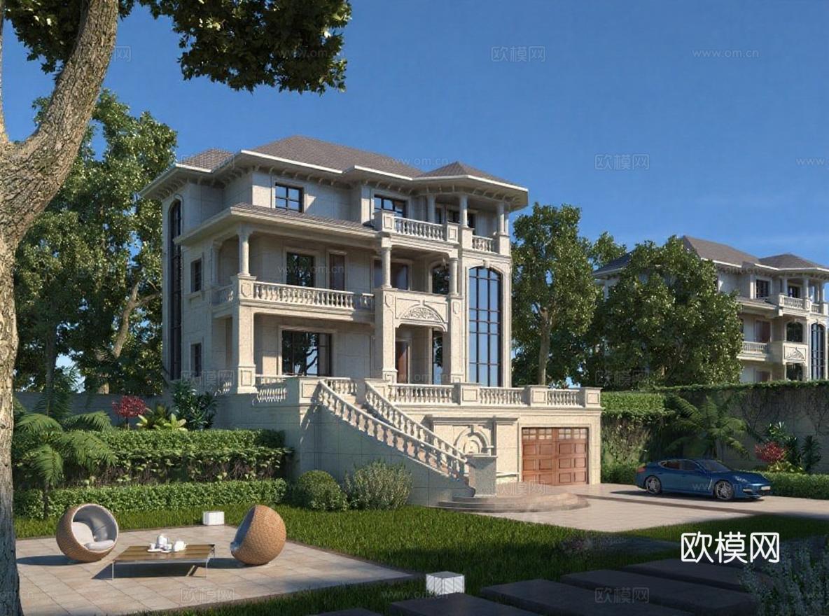 豪华欧式别墅3D渲染建筑设计 现代庭院景观与蓝色跑车展示 高端住宅建筑与环境实景免费3d模型