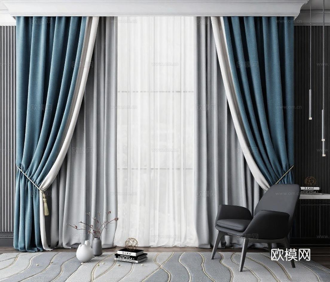 灰蓝色窗帘现代客厅家居装饰 简约设计客厅布置灵感 室内装修效果图参考免费3d模型