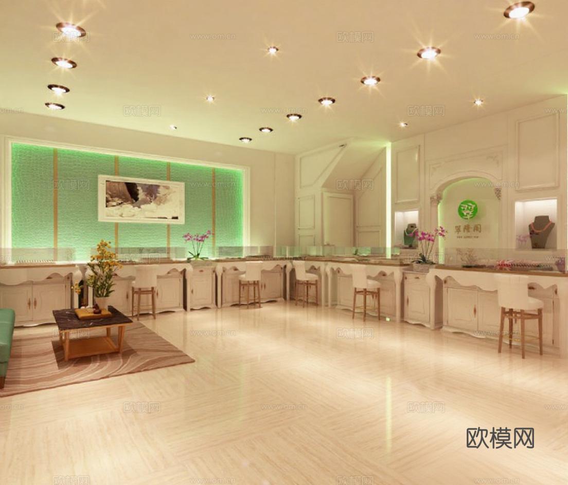 高端珠宝店室内设计 商业空间装修效果图 绿色背光展示柜台 大理石地面休息区布局免费3d模型下载