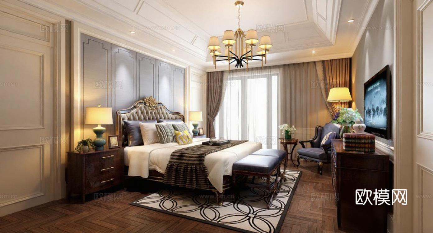 欧式豪华卧室装修设计 高端轻奢风室内空间3D效果图 对称布局软装搭配指南免费3d模型下载