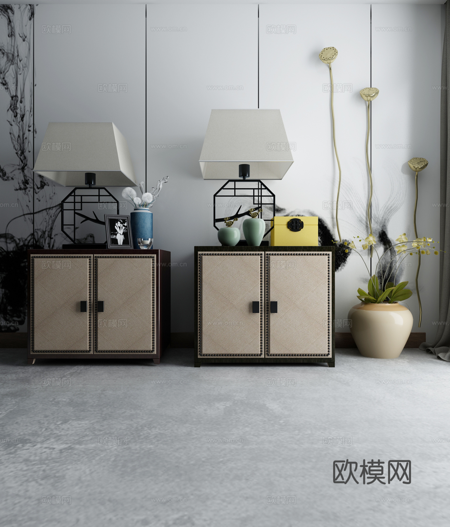 床头柜 中式床头柜3d模型下载（渲染图2）