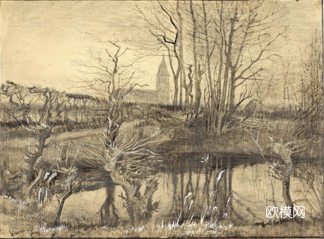 梵高后印象派素描绘画作品，现代世界经典名画587 梵高 Th