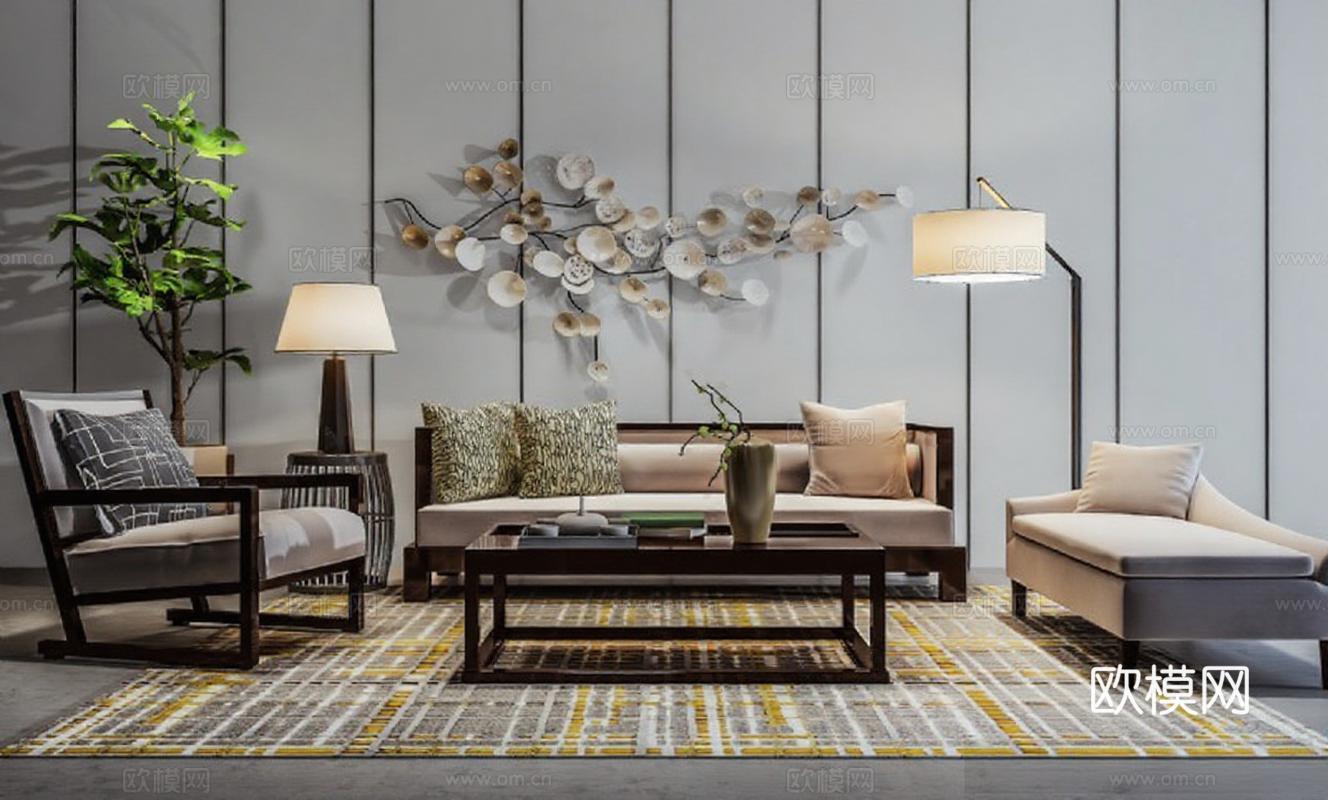 现代客厅家居设计 简约日式禅意风格木质家具暖色搭配 对称布局艺术装饰3D模型封面免费3d模型下载