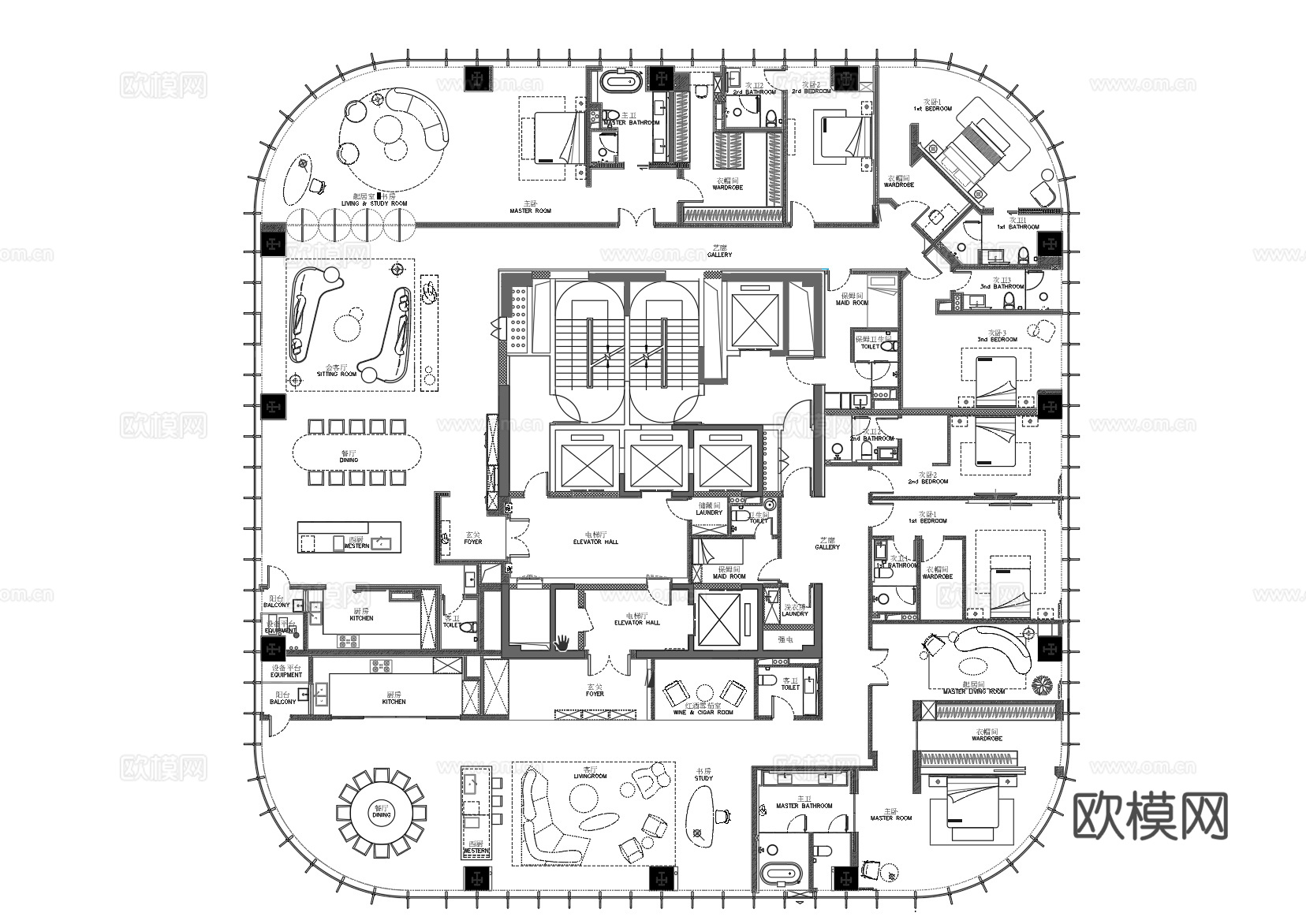 900平大平层平面设计cad施工图