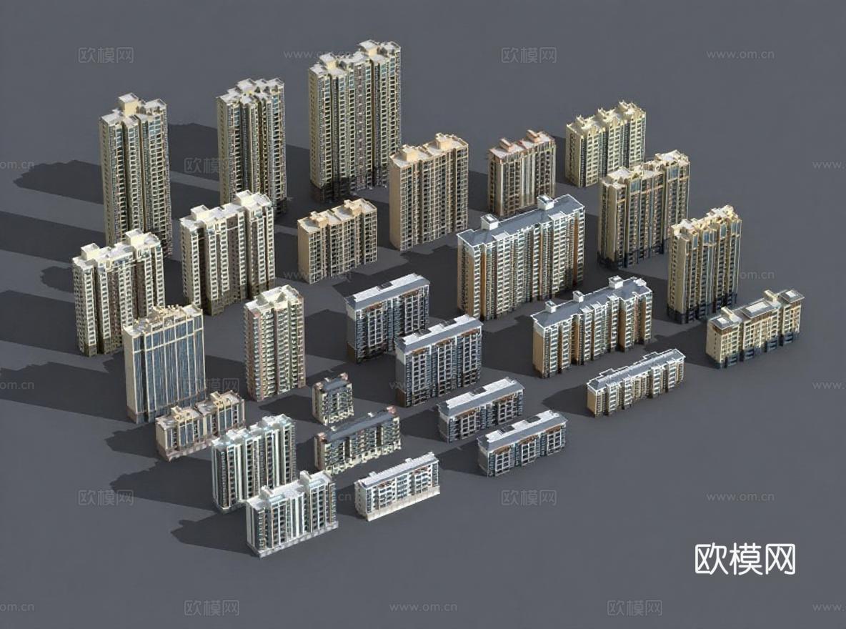 现代高层住宅建筑设计 3D模型渲染效果图 城市规划建筑群展示免费3d模型