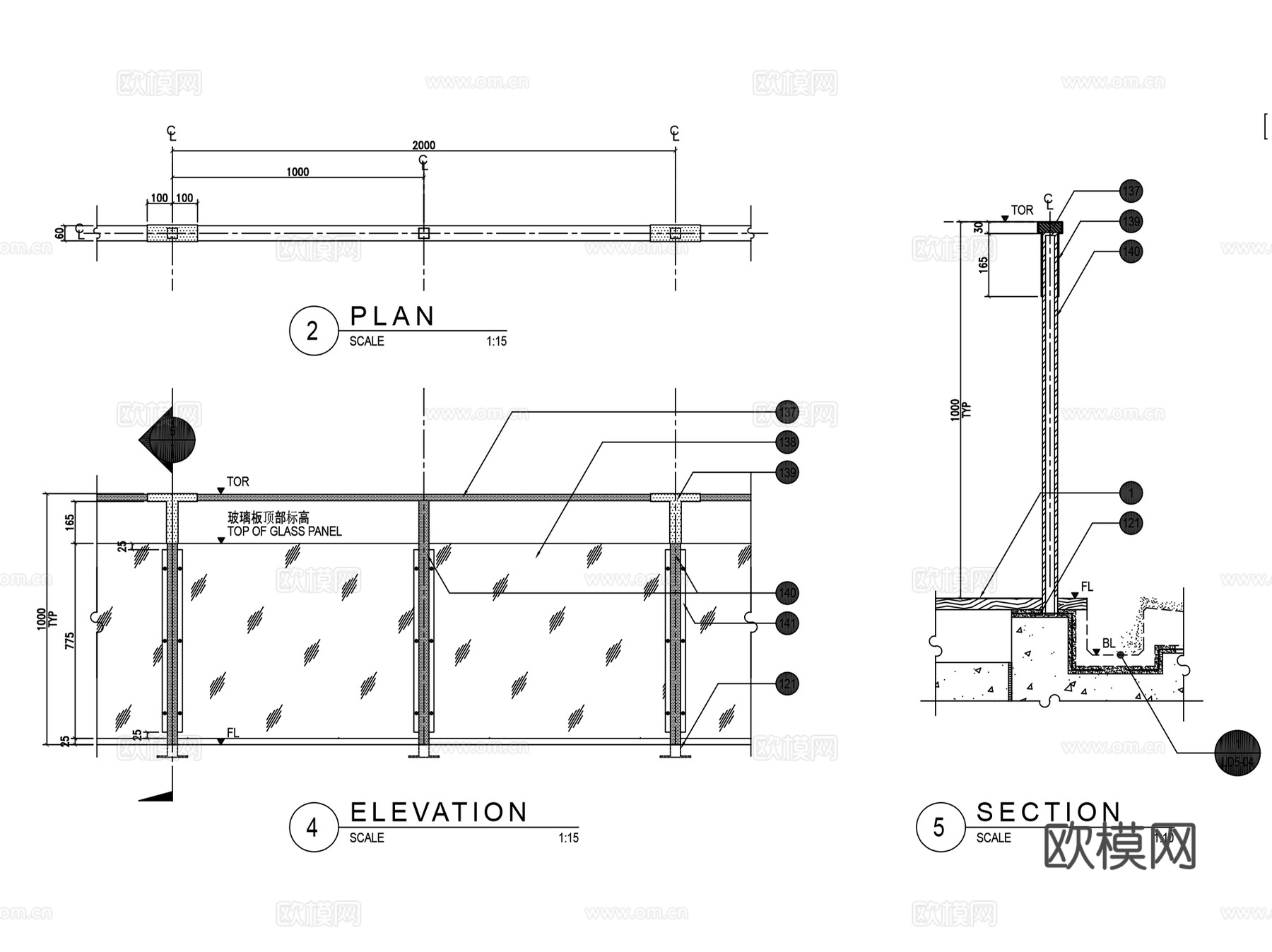 玻璃栏杆CAD施工图合集 7套cad施工图