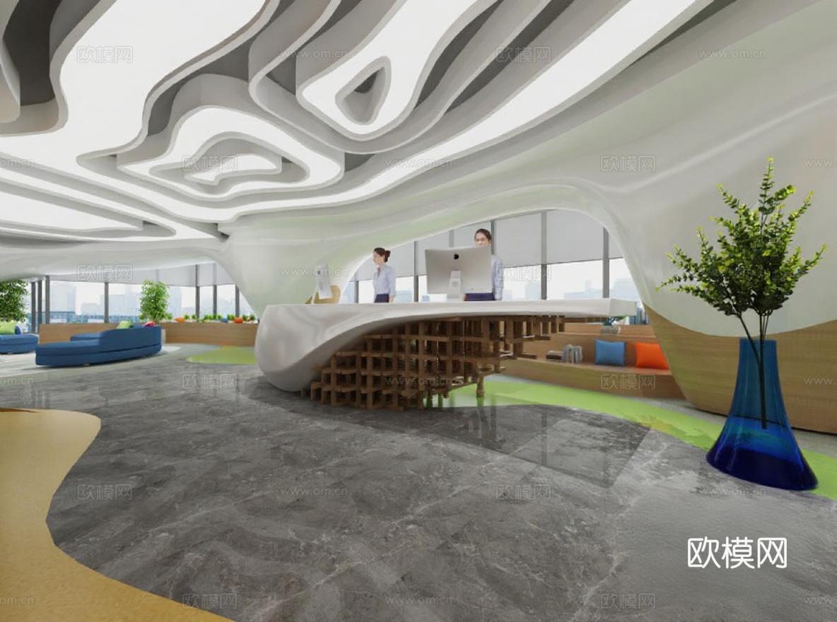 未来感3D渲染办公空间设计 流线型接待台与波浪天花板概念模型 现代室内效果图免费3d模型下载