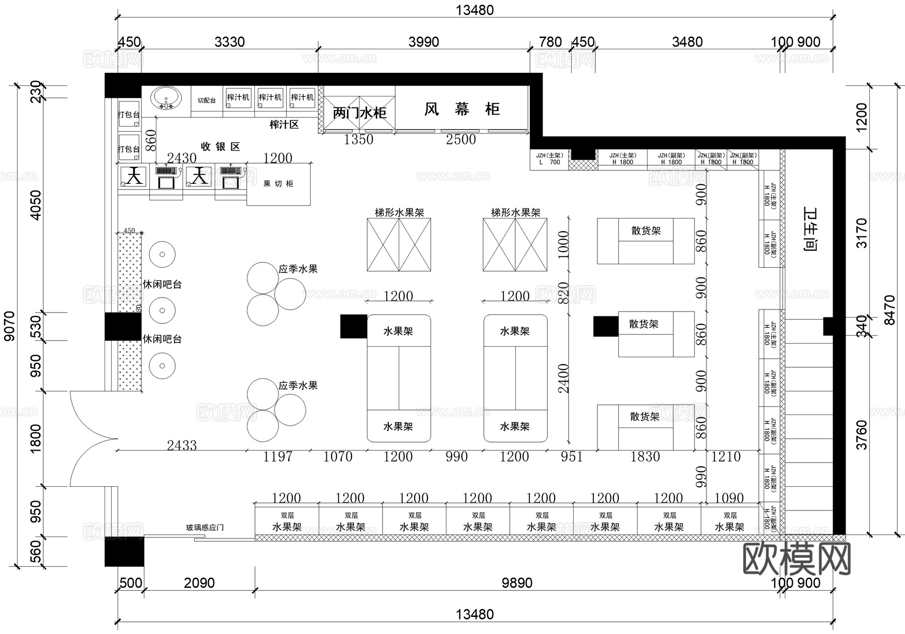 水果蔬菜店果切超市室内平面图CAD施工图集 8套cad施工图