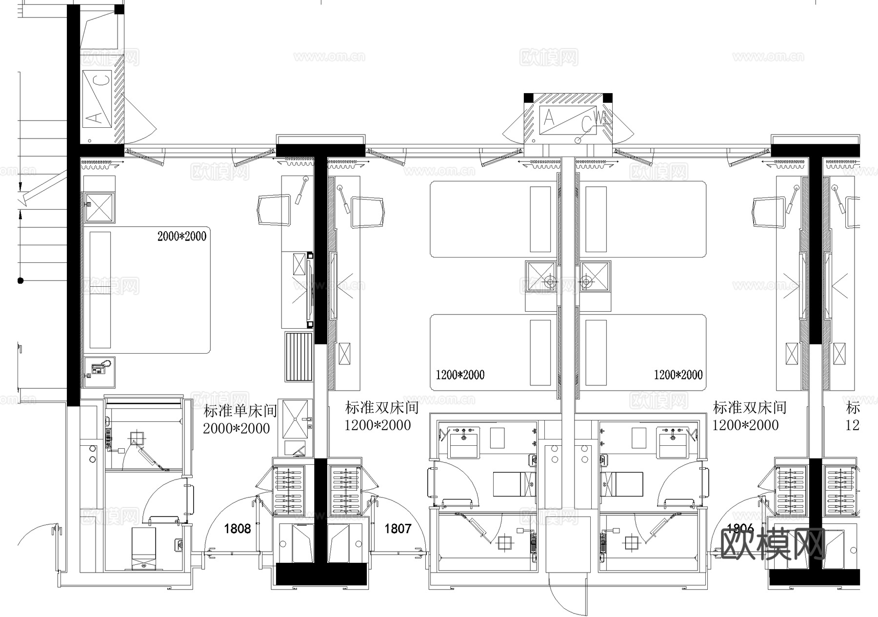 酒店客房平面图 标准间 大床房 单床间双床间 豪华套房cad施工图
