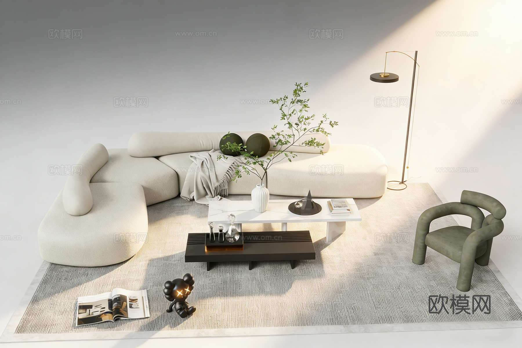 现代简约弧形沙发客厅 沙发茶几组合 墨绿抱枕龟背竹 配大理石su模型