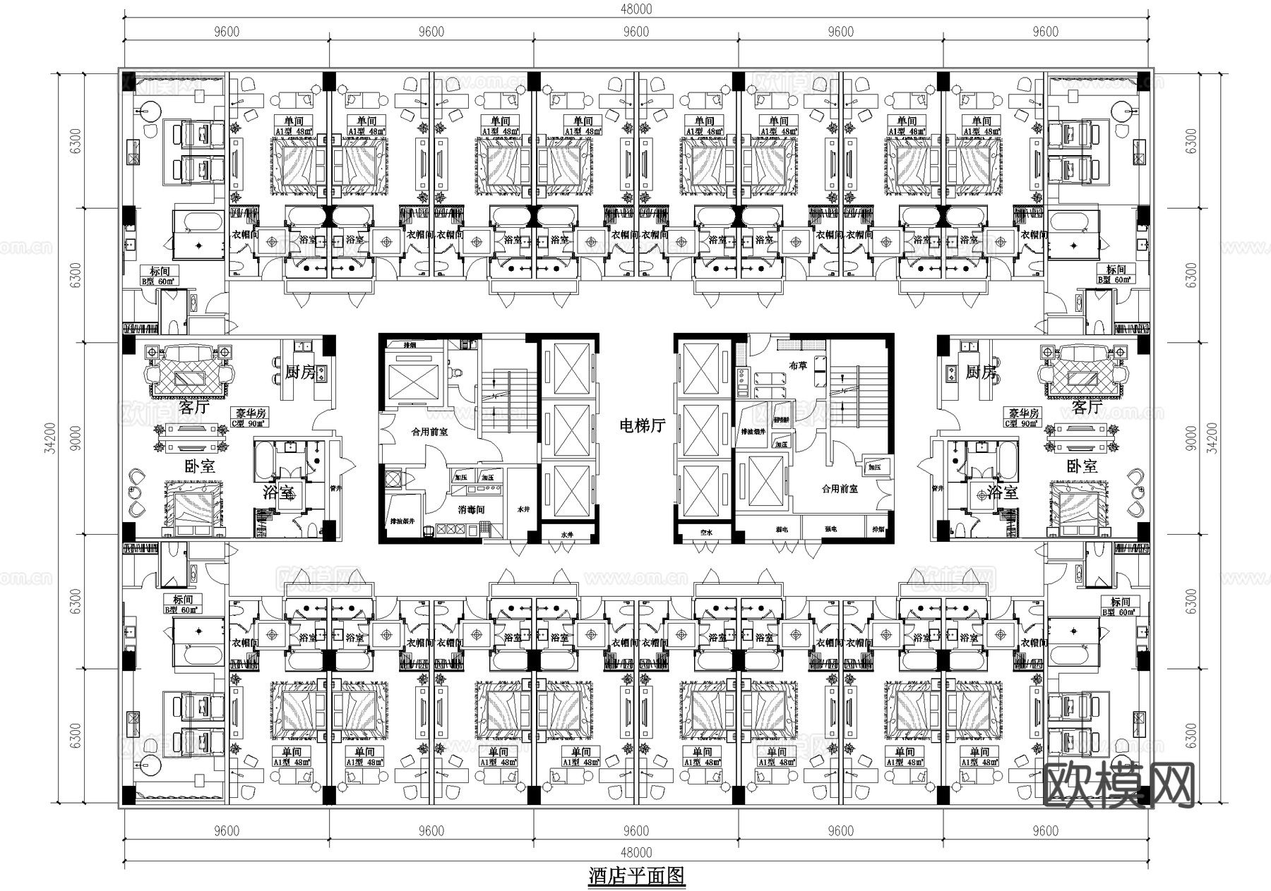 酒店客房平面图 标准间 单间大床房 豪华套房cad施工图