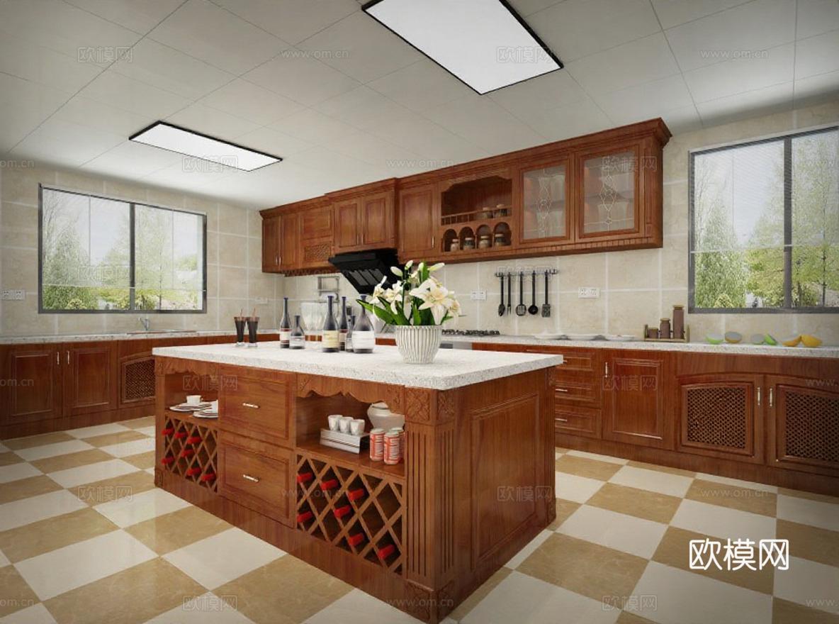 现代欧式厨房实木橱柜设计 大理石台面中央岛台 对称布局家居装修效果图免费3d模型