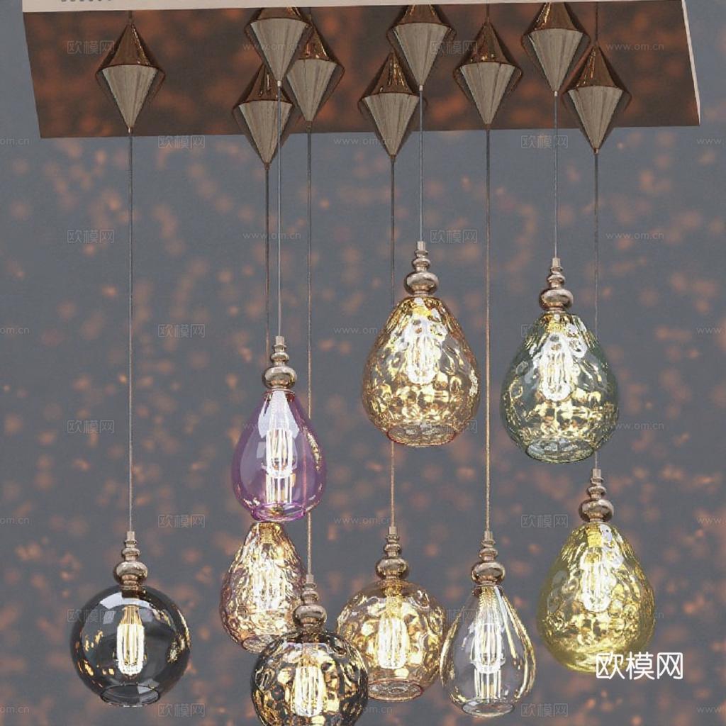 现代艺术吊灯 玻璃灯罩创意灯具 客厅餐厅装饰 高端奢华设计 复古艺术照明免费3d模型