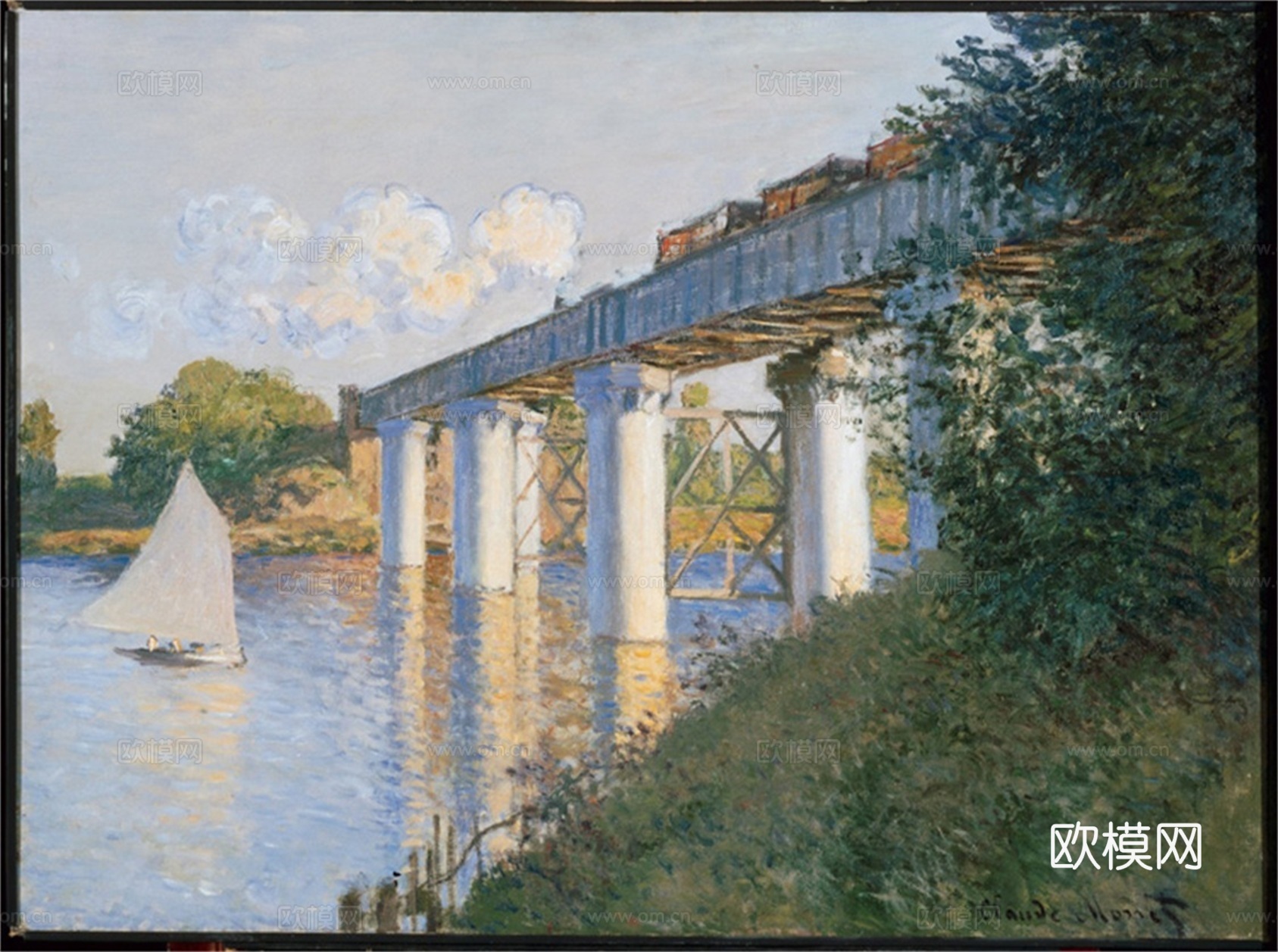 莫奈印象派绘画作品，世界经典名画539阿尔让特伊的铁路桥 美