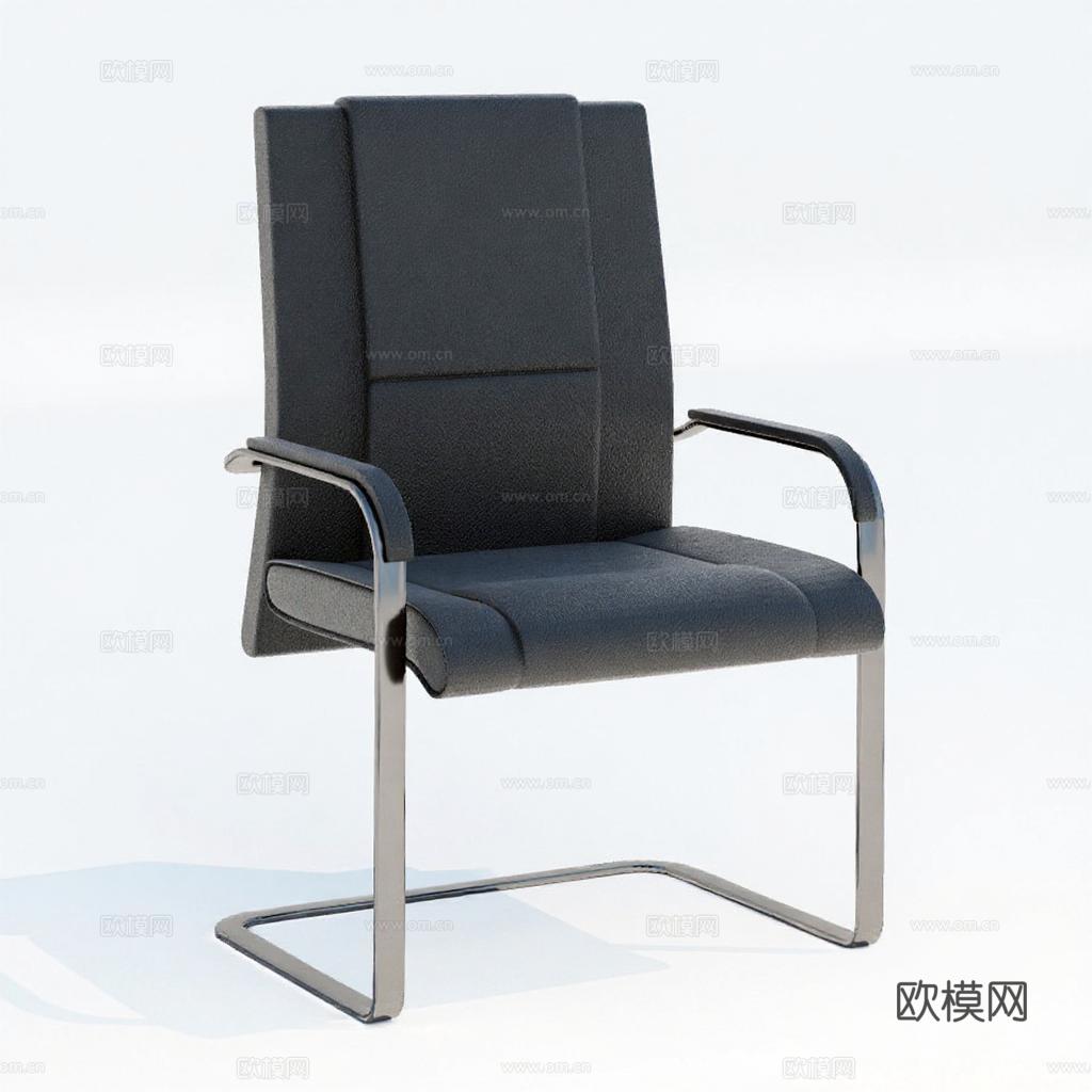 现代极简办公椅3D模型 黑色皮革银灰金属框架 室内设计家具产品展示免费3d模型下载