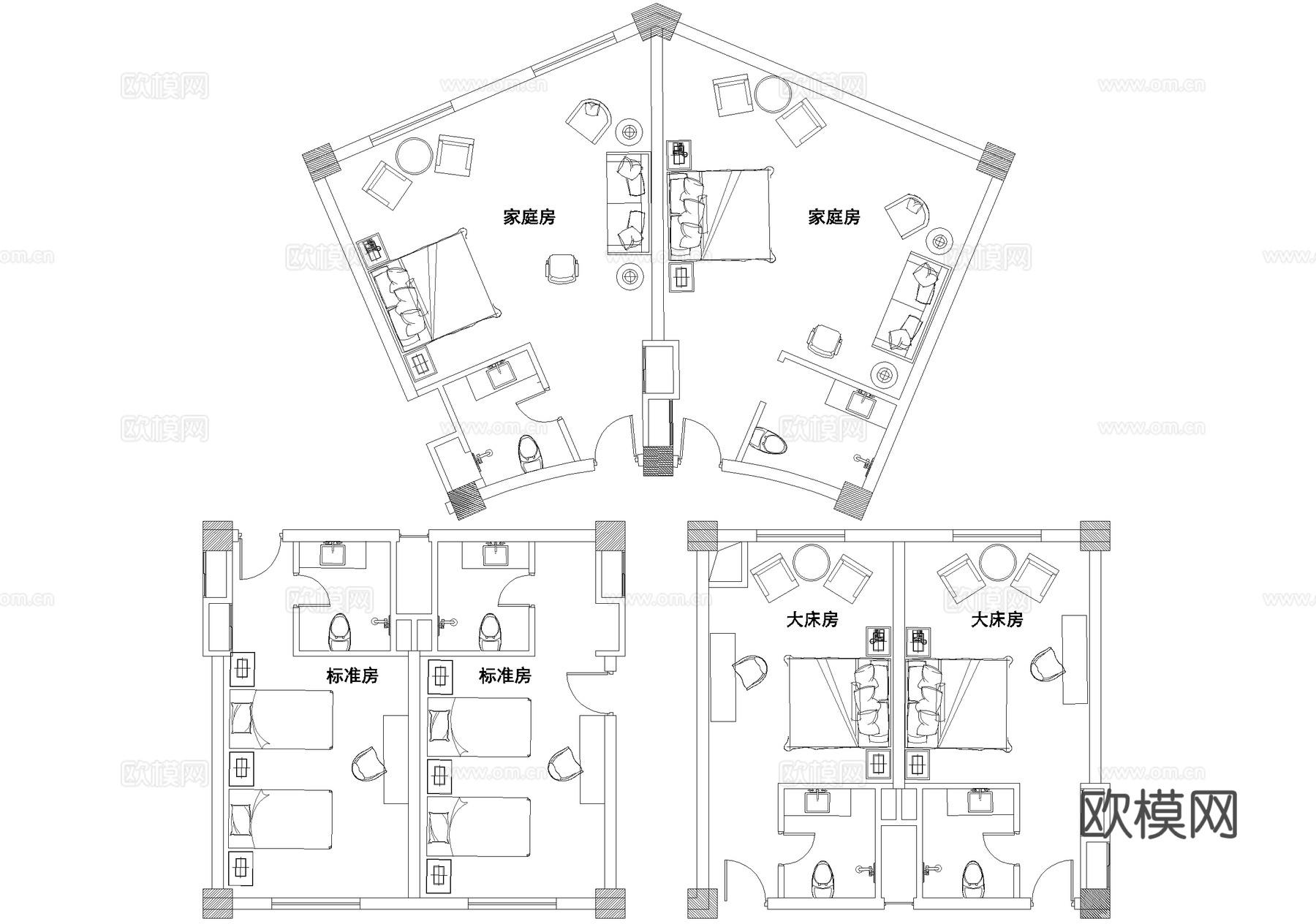 酒店客房平面图 标准间 大床房 家庭房cad施工图