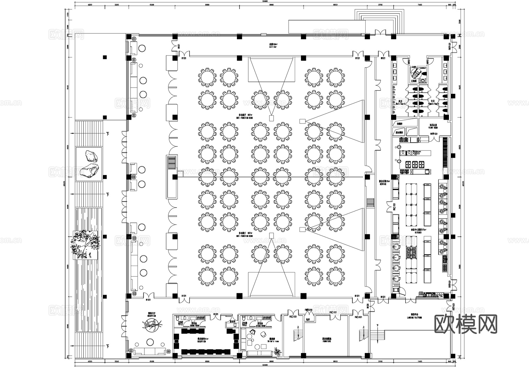 500人宴会厅多功能厅平面图cad施工图