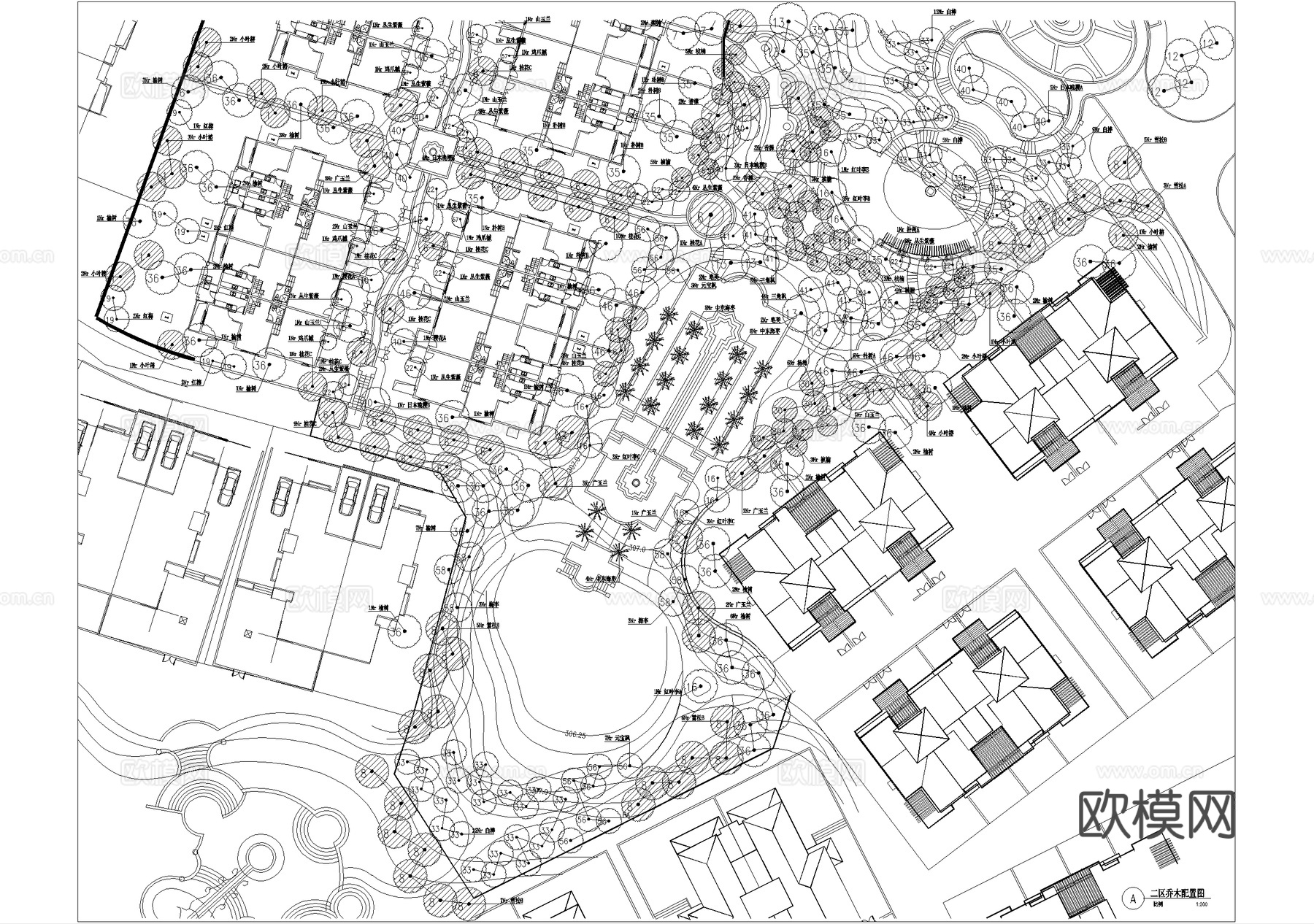 示范区景观植物种植绿化配置平面图 展示区样板区cad施工图