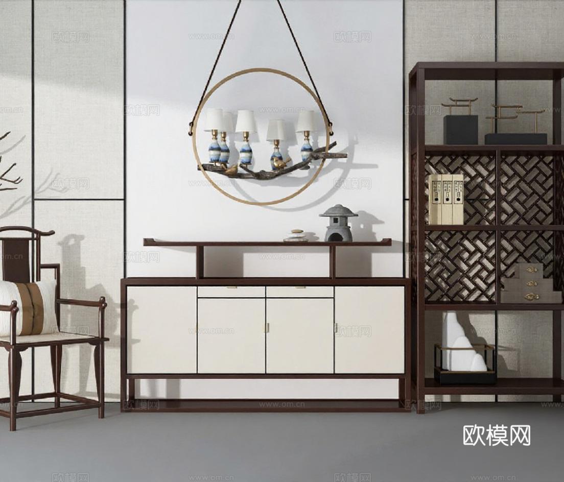 新中式玄关柜客厅对称设计 实木家具陶瓷灯装饰 东方美学现代简约家居免费3d模型