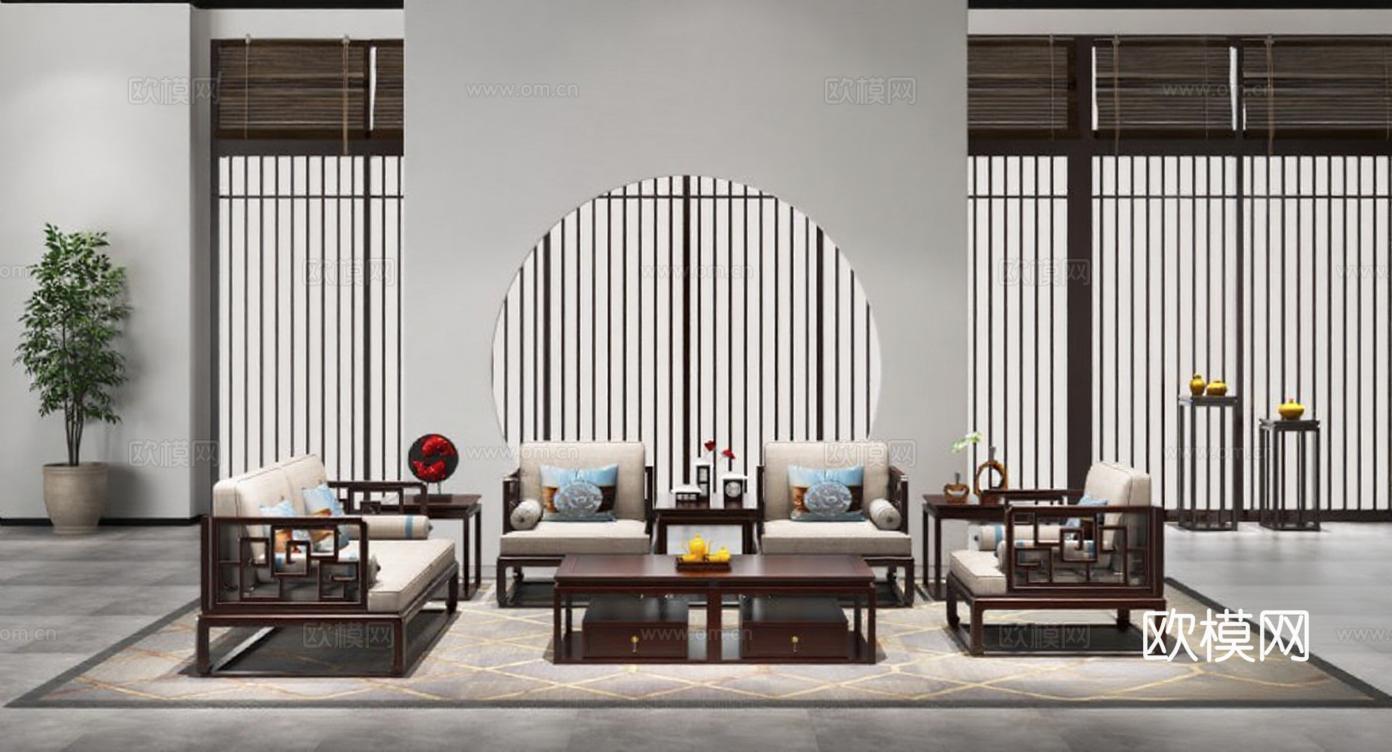 中式客厅对称布局设计 深木色家具搭配3D渲染展示 高端家居东方美学雅致空间免费3d模型下载