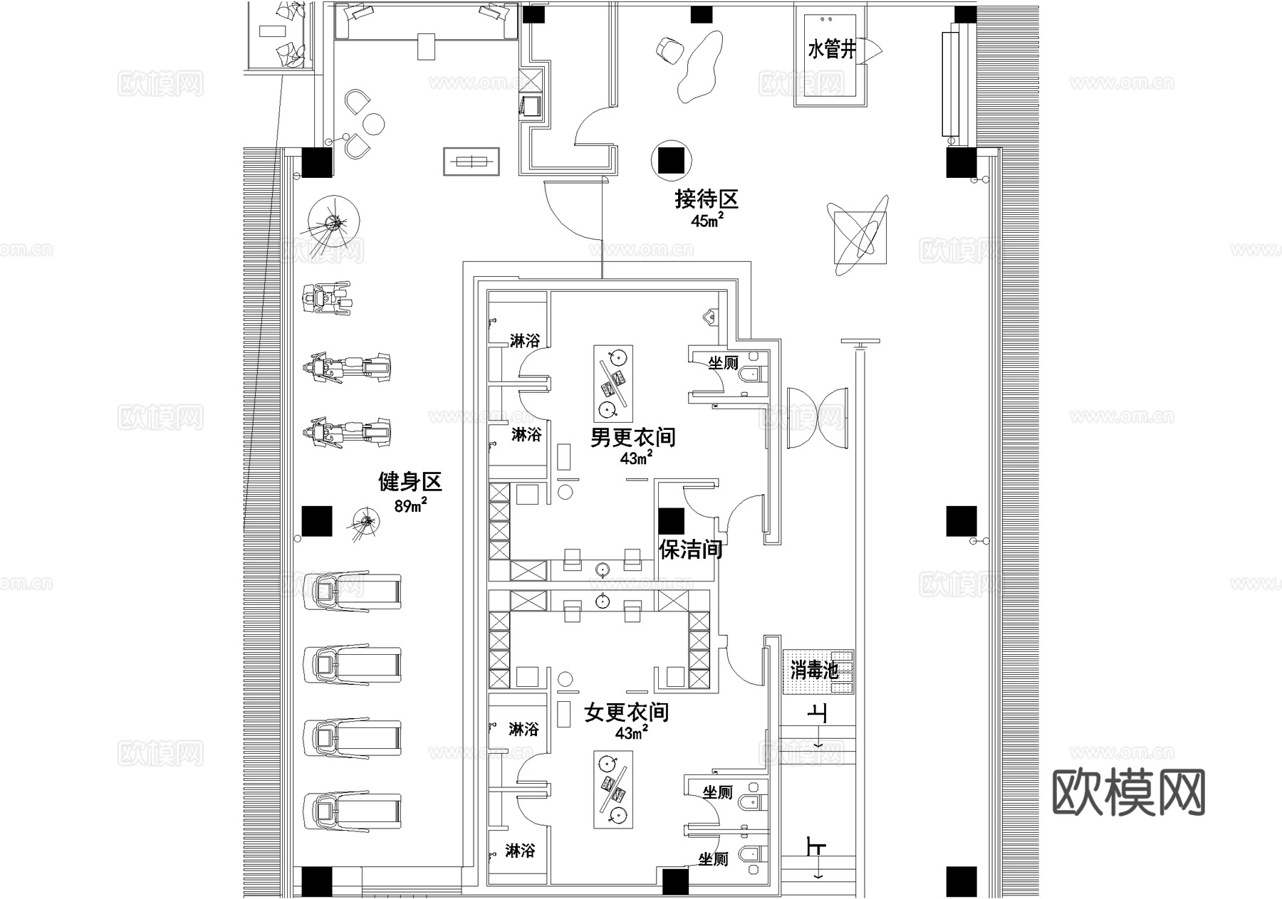 公寓式酒店客房平面图 大床房 套房 健身房 游泳池cad施工图