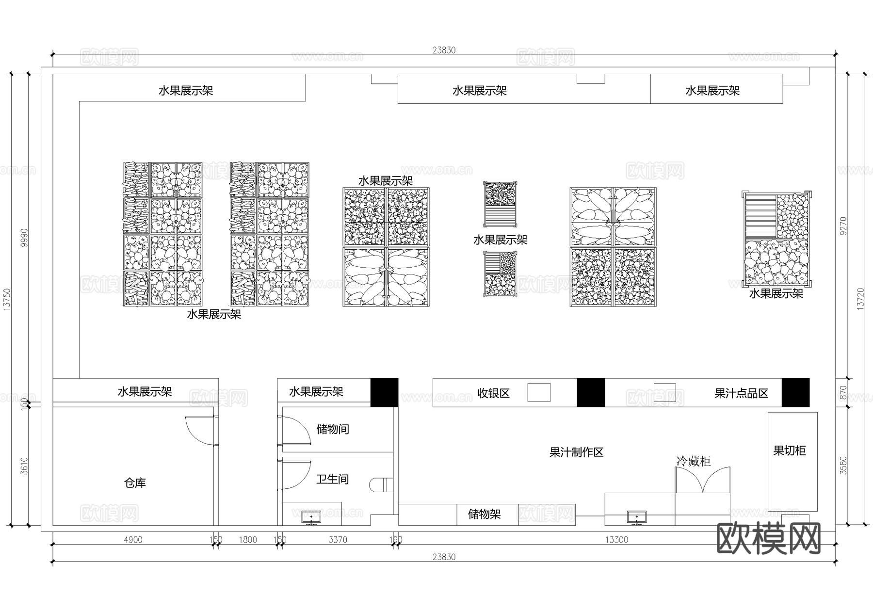 水果蔬菜店果切超市室内平面图CAD施工图集 8套cad施工图