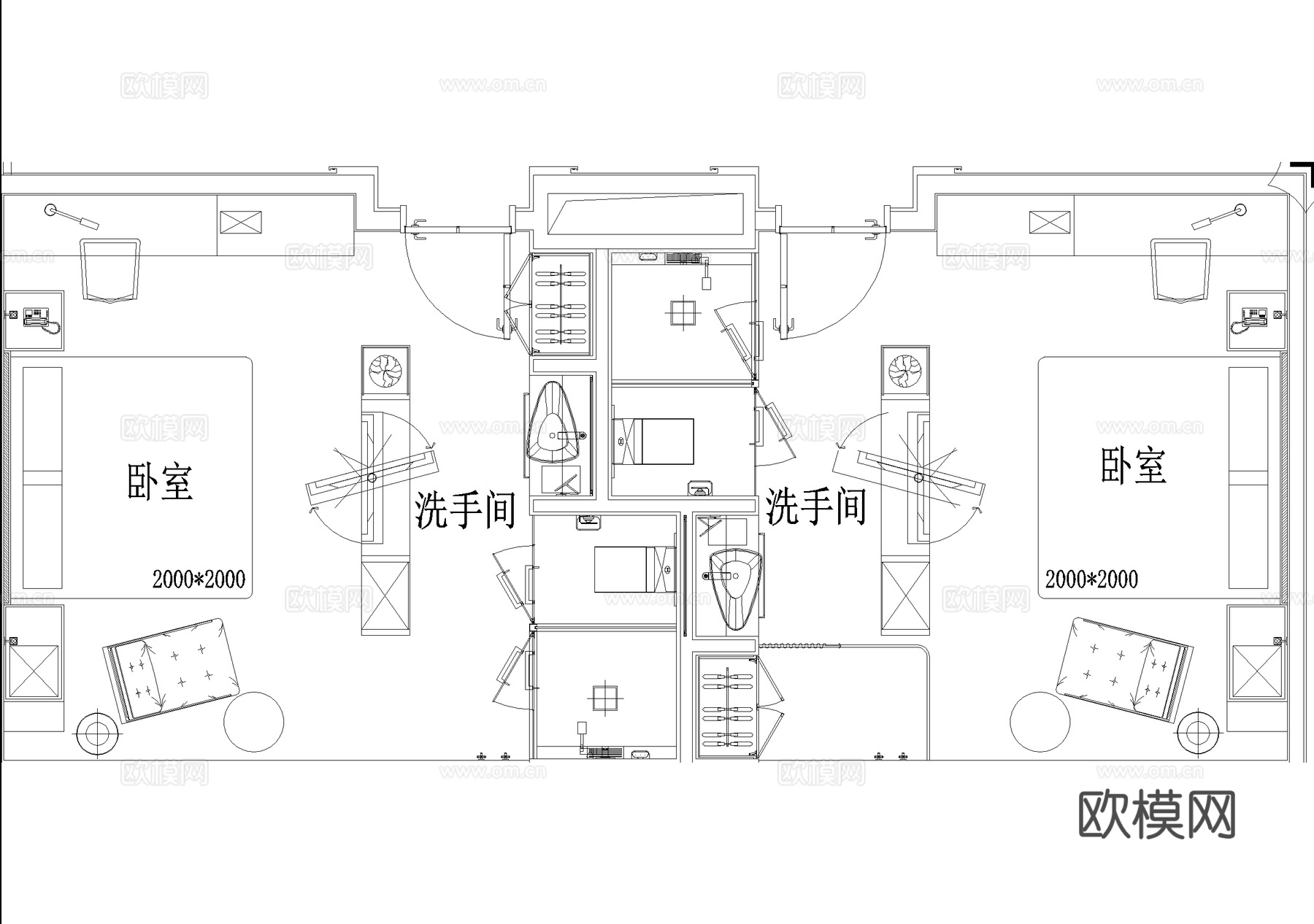 酒店客房平面图 标准间 大床房 三人间cad施工图