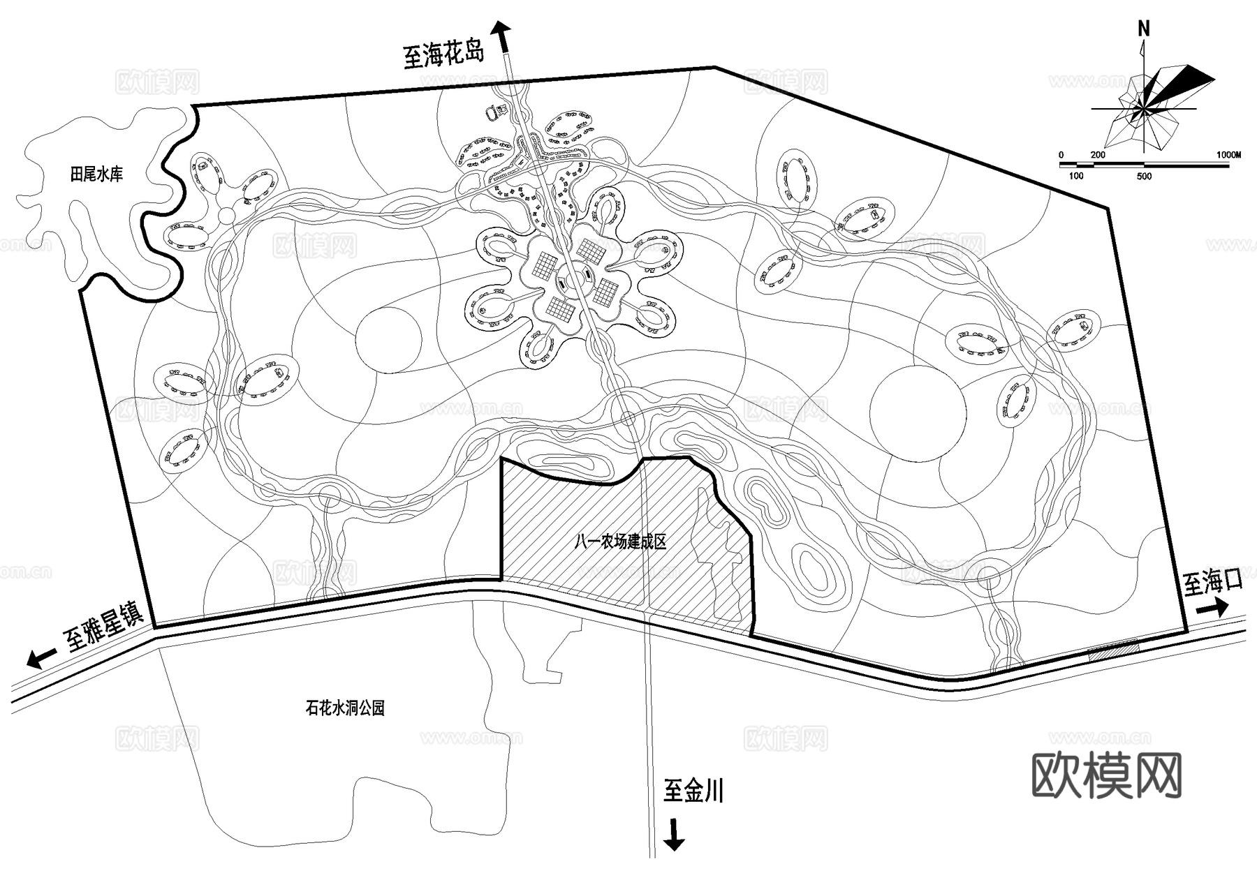 农业田园观光小镇乡村规划功能分区平面图cad施工图