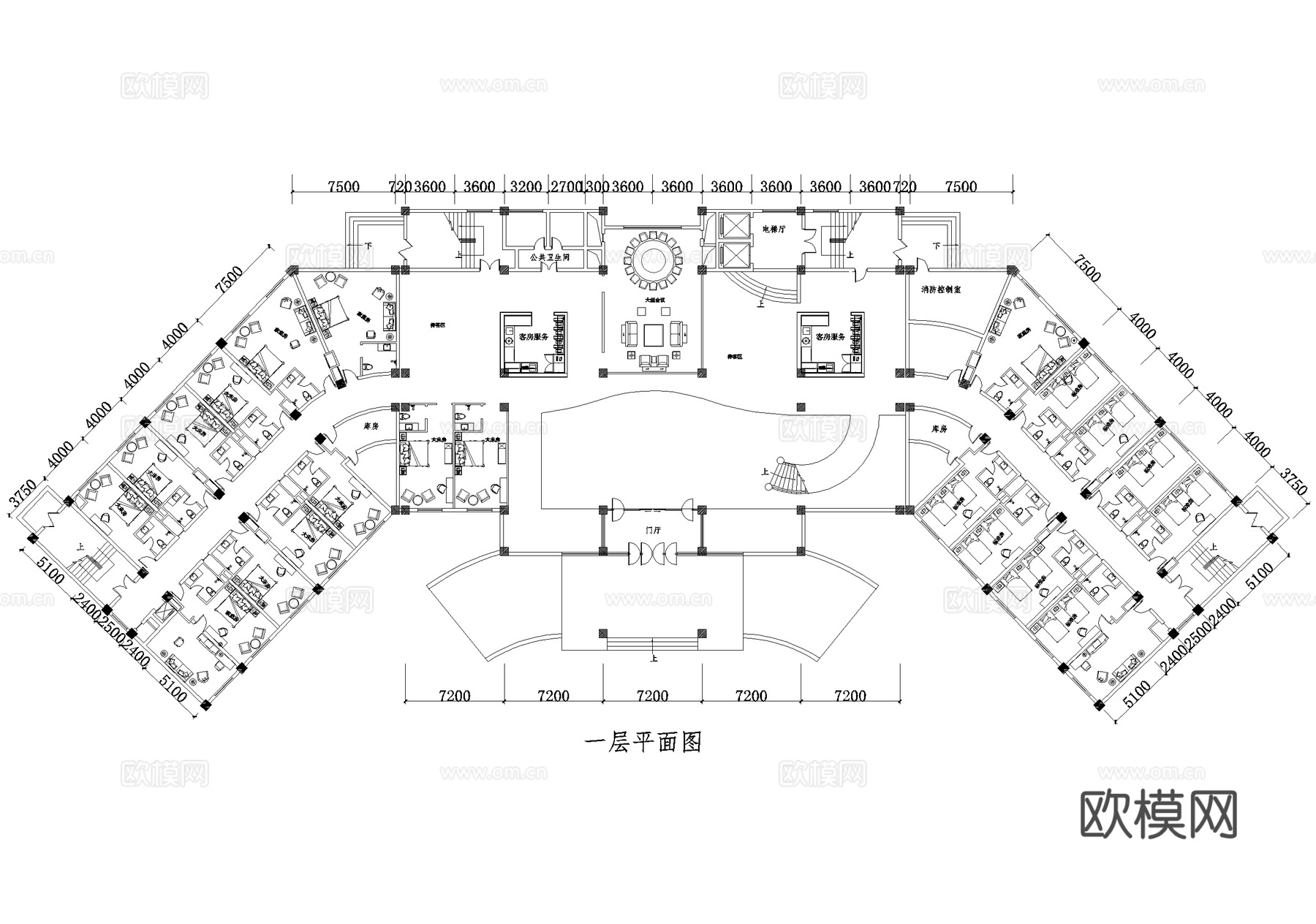 酒店客房平面图 标准间 大床房 家庭房cad施工图
