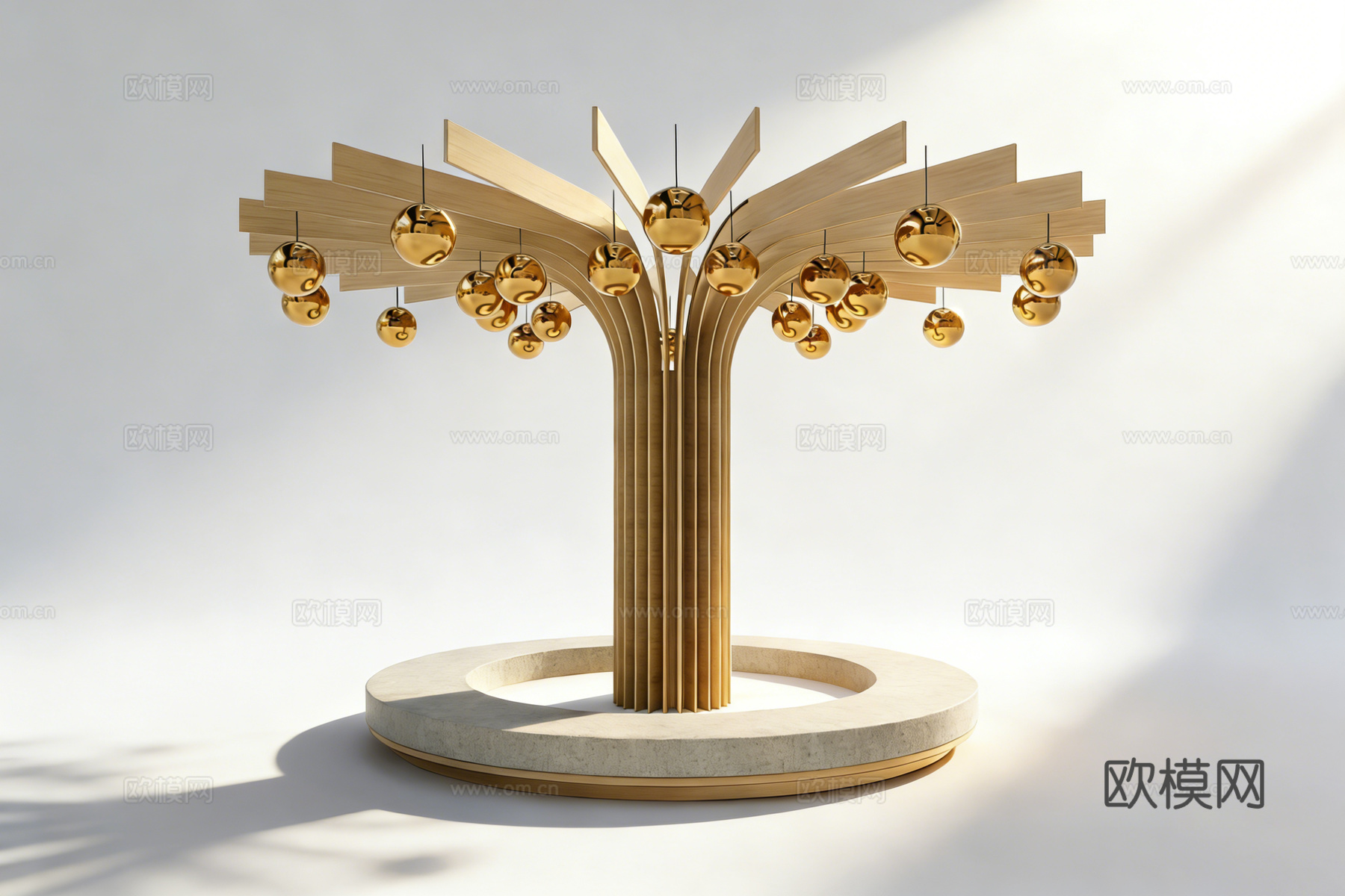 现代轻奢抽象金叶树艺术装置 金色树枝悬挂球体 大理石底座su模型