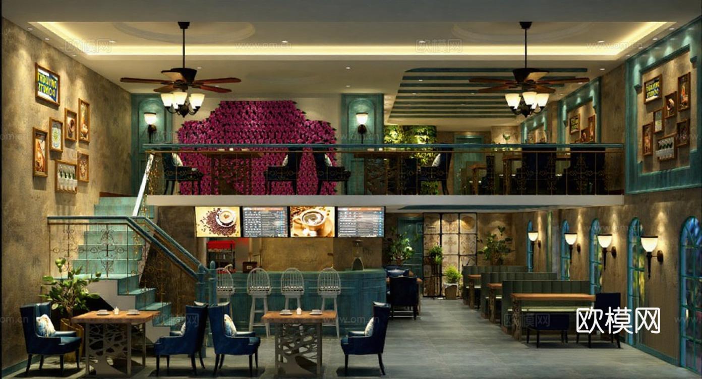 双层挑高咖啡厅餐厅设计 工业复古风艺术装饰空间 3D渲染室内案例免费3d模型下载