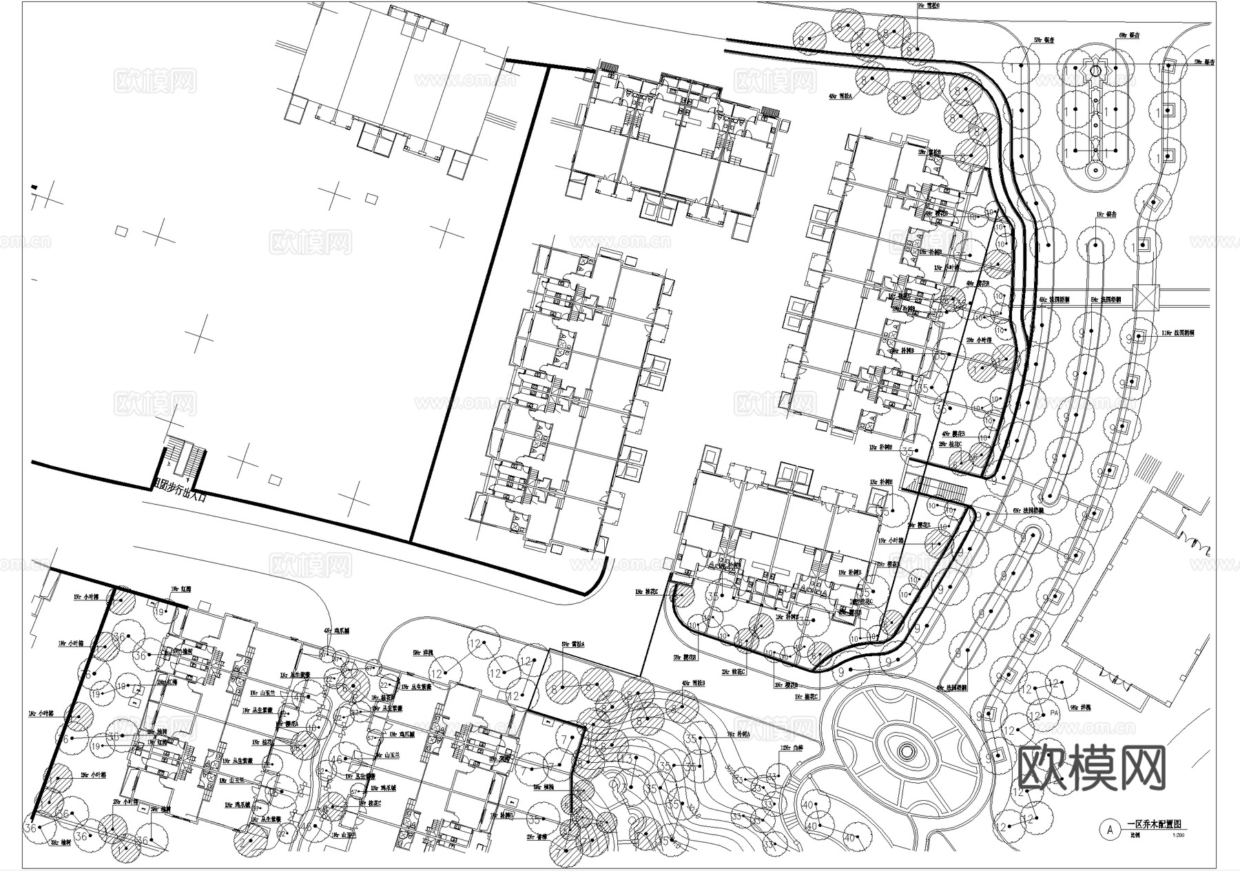 示范区景观植物种植绿化配置平面图 展示区样板区cad施工图