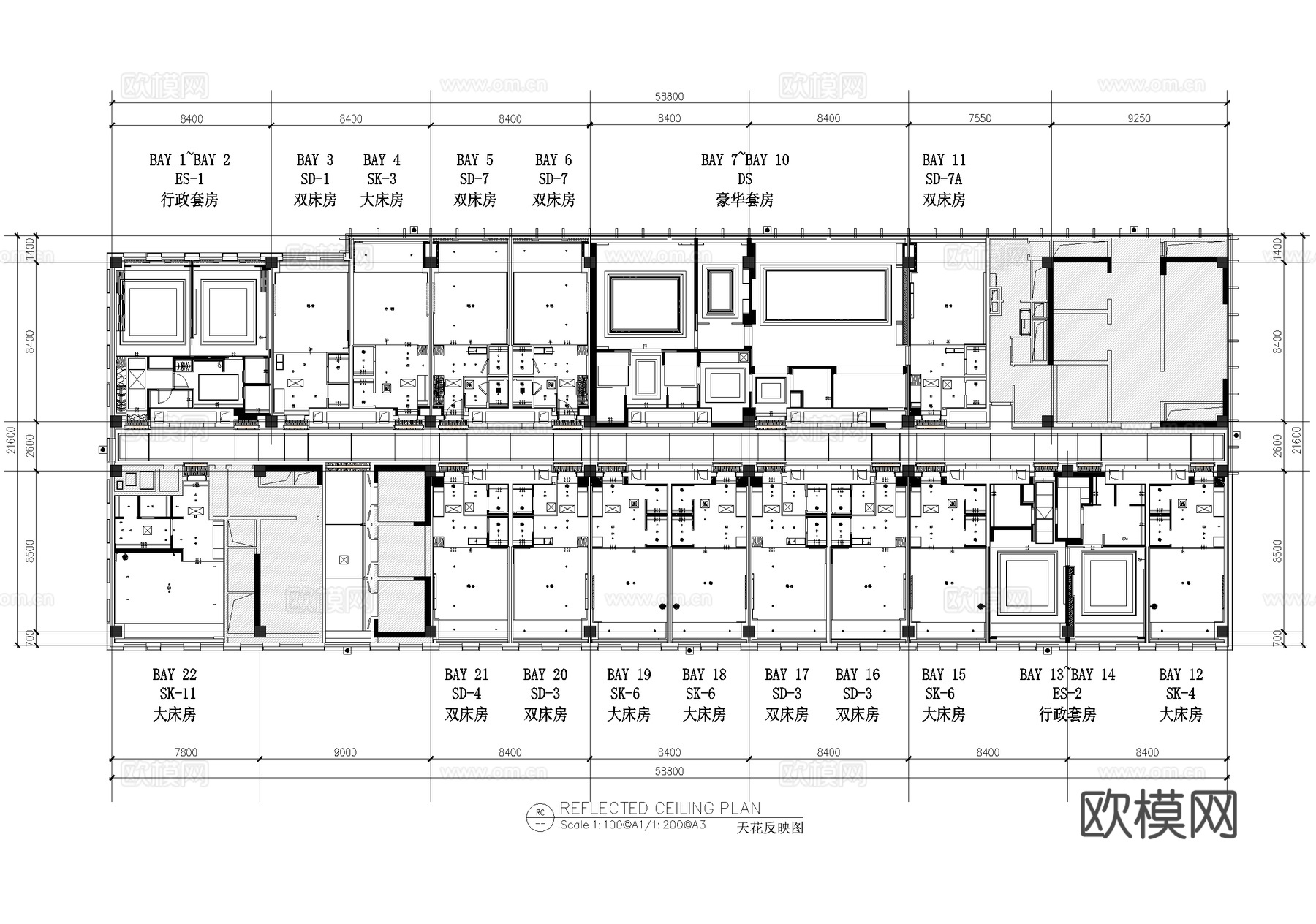 酒店客房家具平面图天花图 标准间双床房大床房行政豪华套房cad施工图