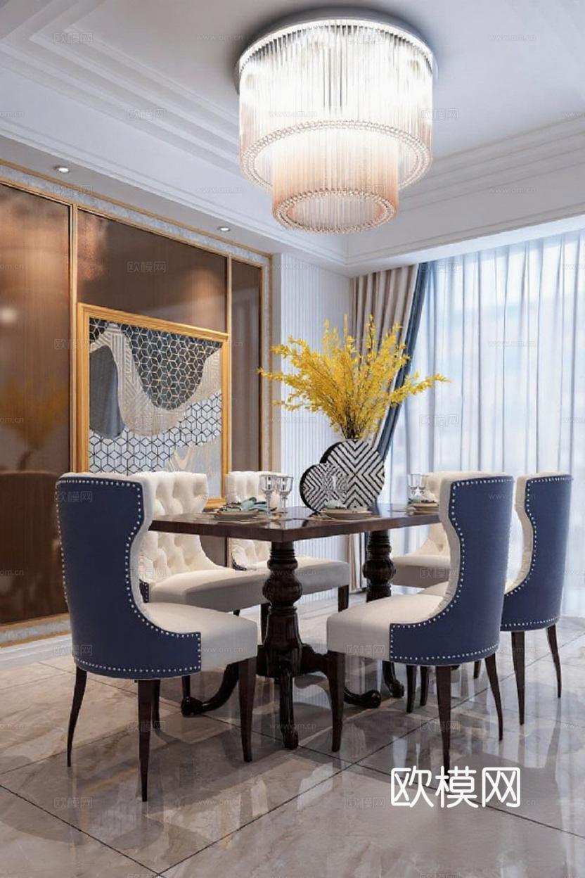 现代奢华餐厅设计 深蓝米白高端家居装饰 深色木质水晶吊灯装修 大理石饰面样板间空间免费3d模型下载