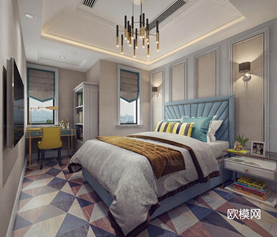 现代轻奢卧室设计 高端室内装修装饰 蓝色调家居3D渲染效果图免费3d模型