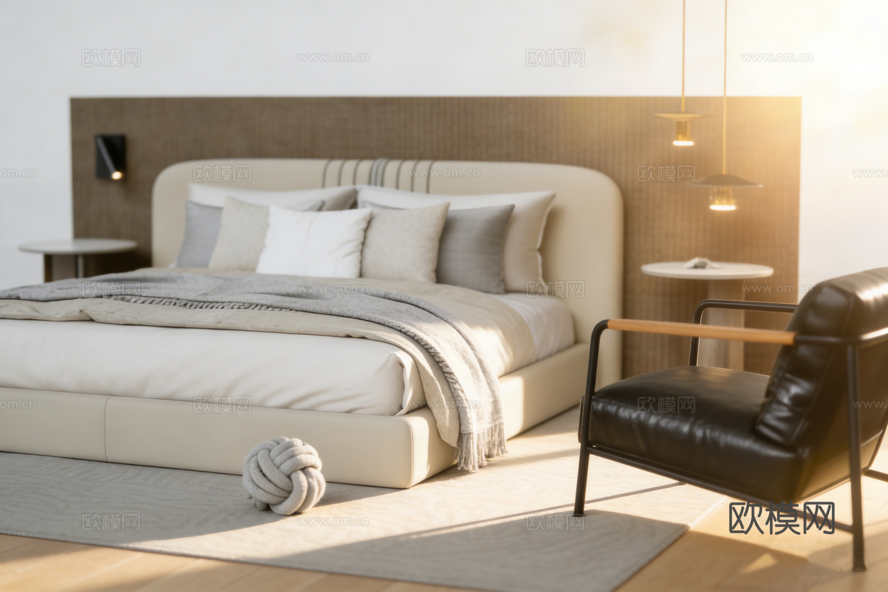 现代简约卧室双人床 双圆形边桌 编织纹理背景墙 金色吊灯 浅su模型