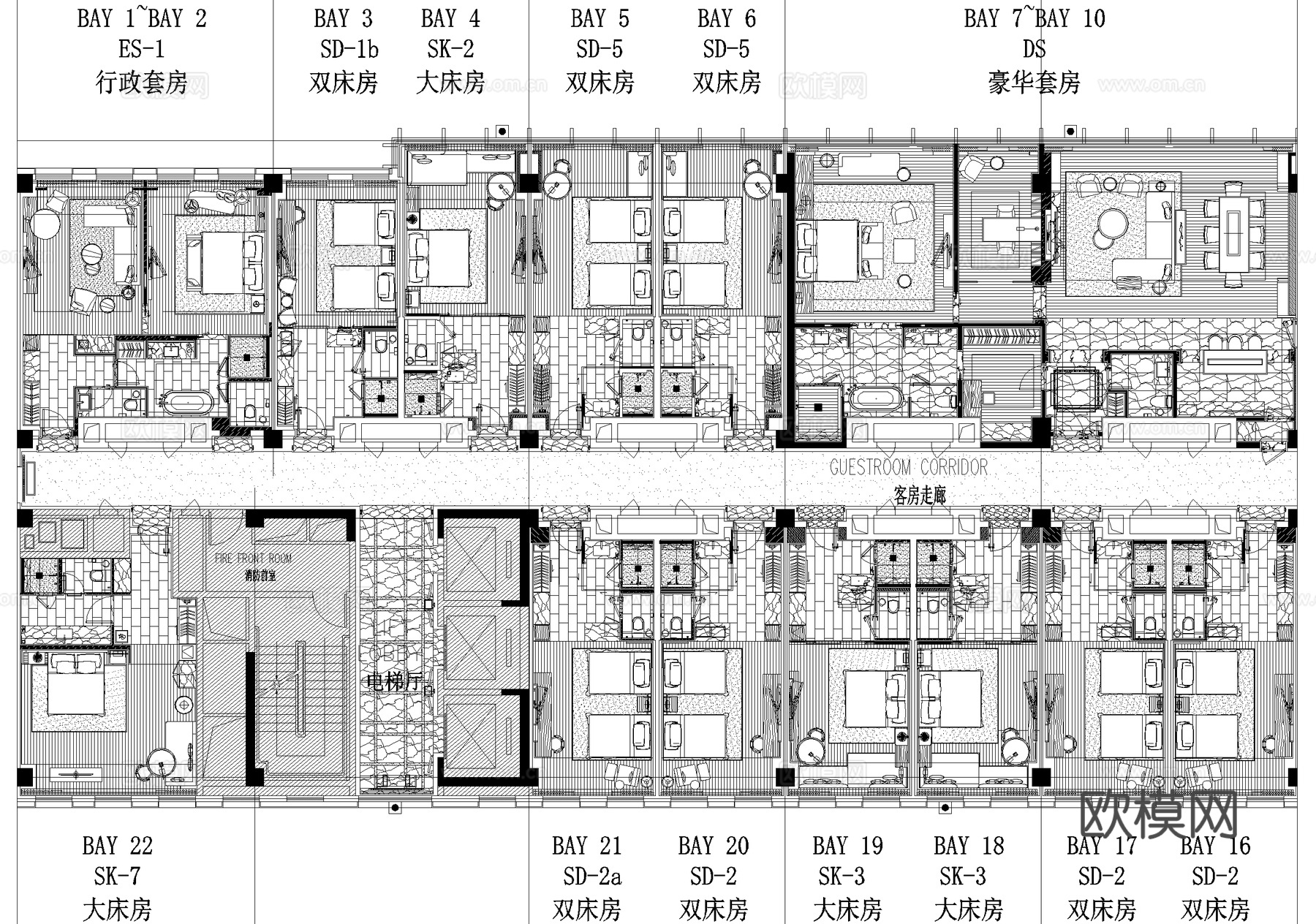 酒店客房家具平面图天花图 标准间双床房大床房行政豪华套房cad施工图