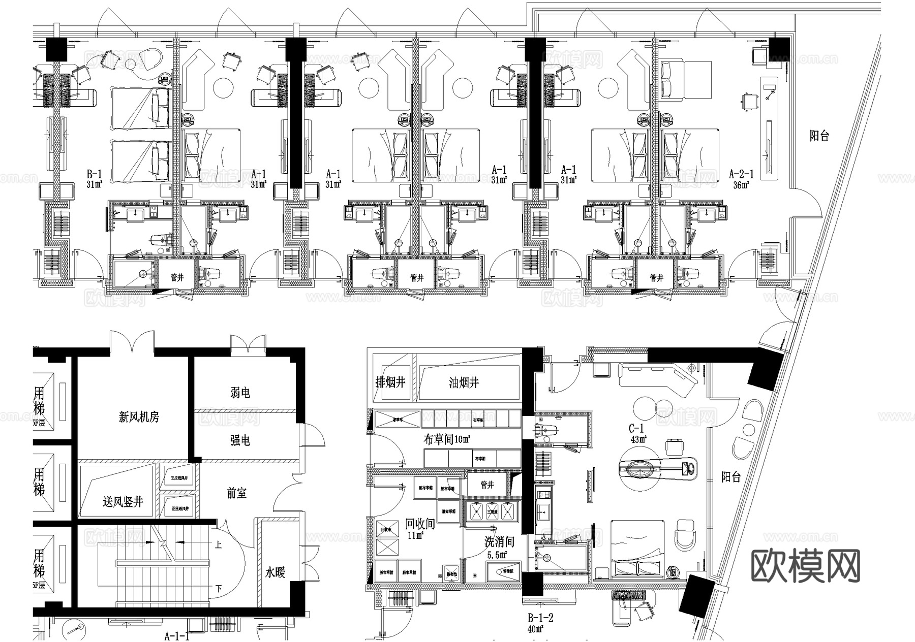 酒店客房 平面图 标准间 大床房cad施工图
