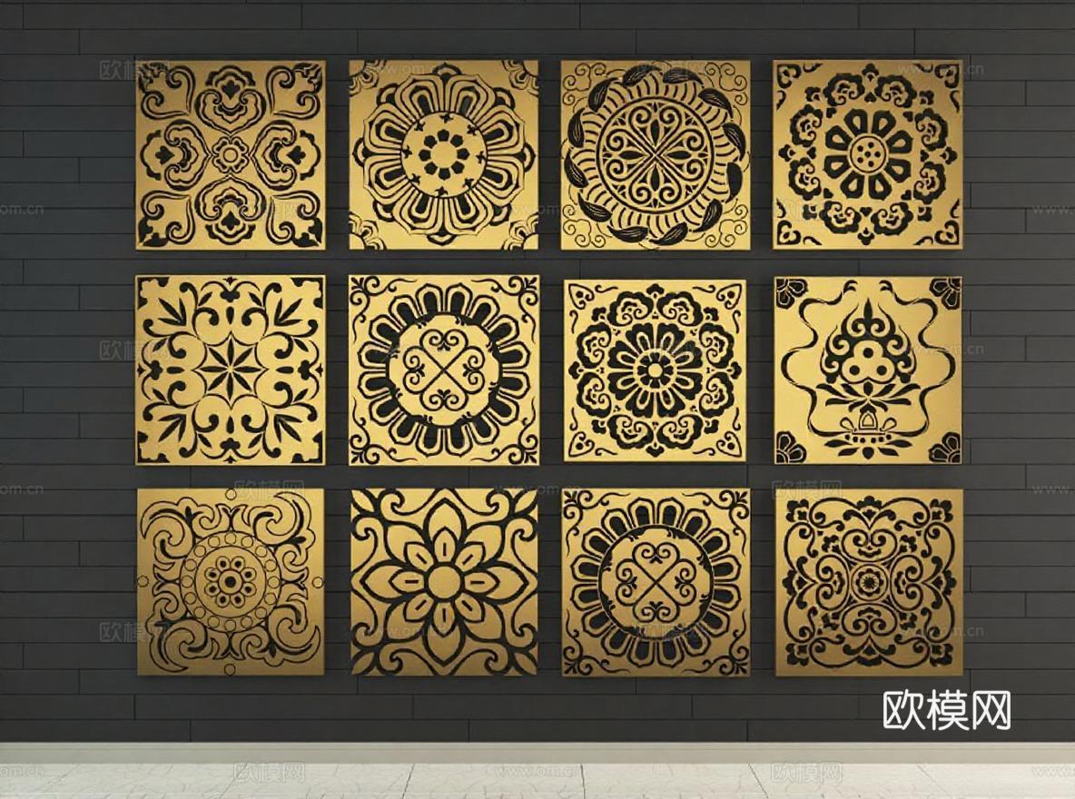 金色金属浮雕装饰面板 复古镂空花纹墙面艺术 家居墙面挂饰设计 高端奢华艺术挂画免费3d模型下载