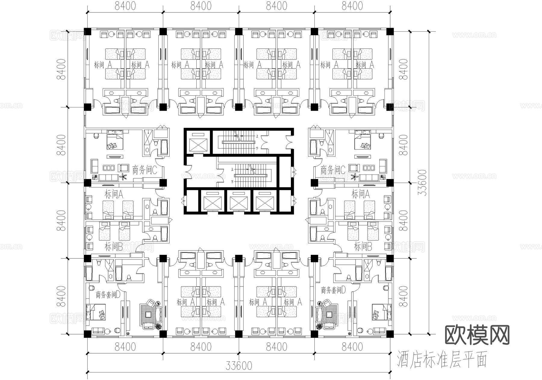 酒店客房平面图 标准间 商务套间套房cad施工图