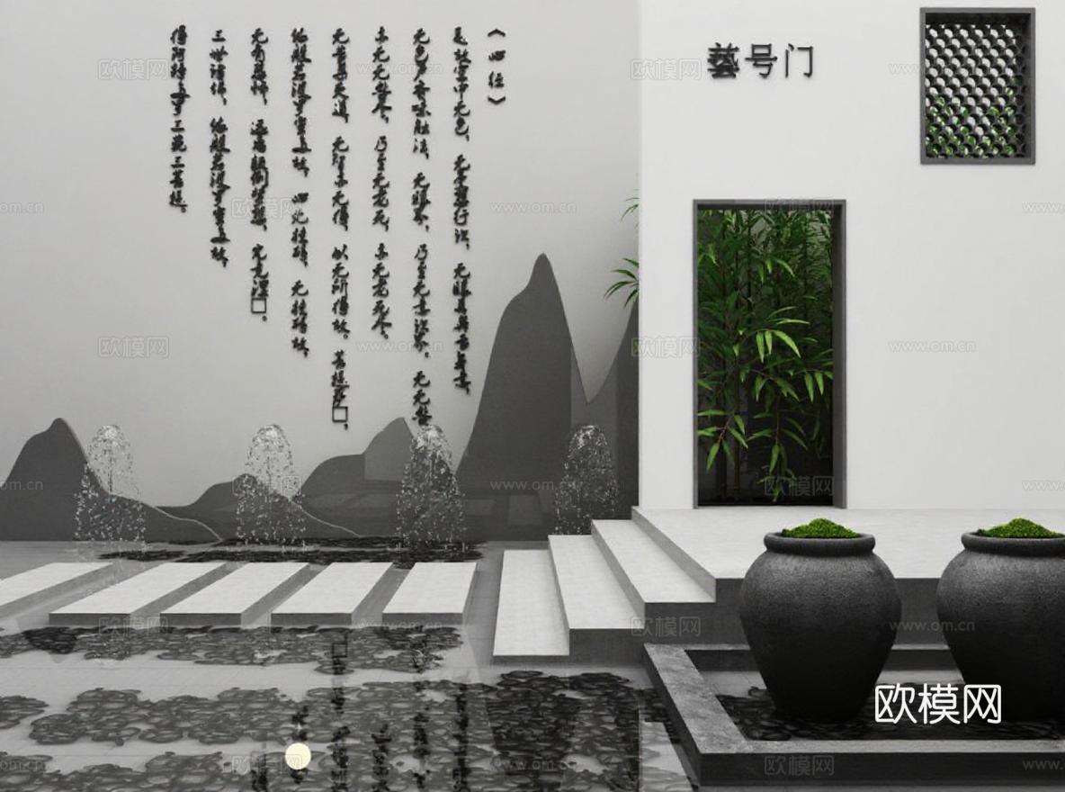 现代中式禅意庭院室内设计 灰黑石材陶瓷艺术门廊 3D模型封面建筑可视化水墨意境免费3d模型下载